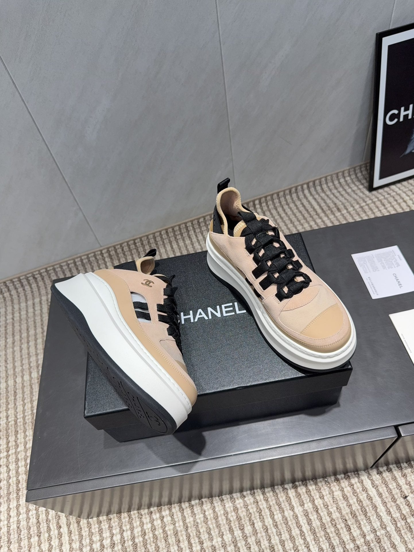 Chanel 25 Sneaker Beige Black White Suede 540307