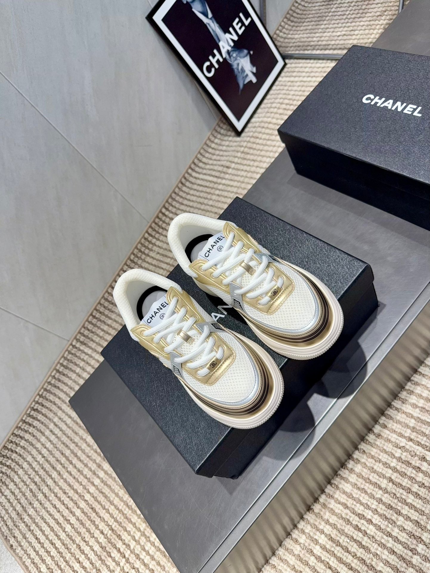 Chanel 25 Sneaker White Gold Mesh Leather 540309