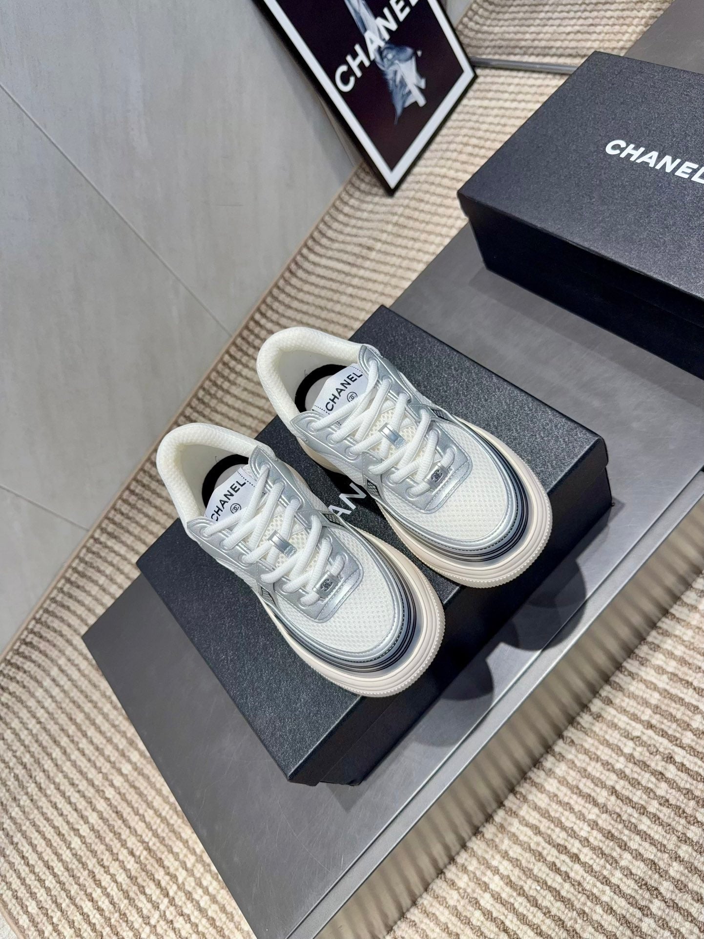 Chanel 25 Sneaker White Blue Silver Mesh Leather 540310