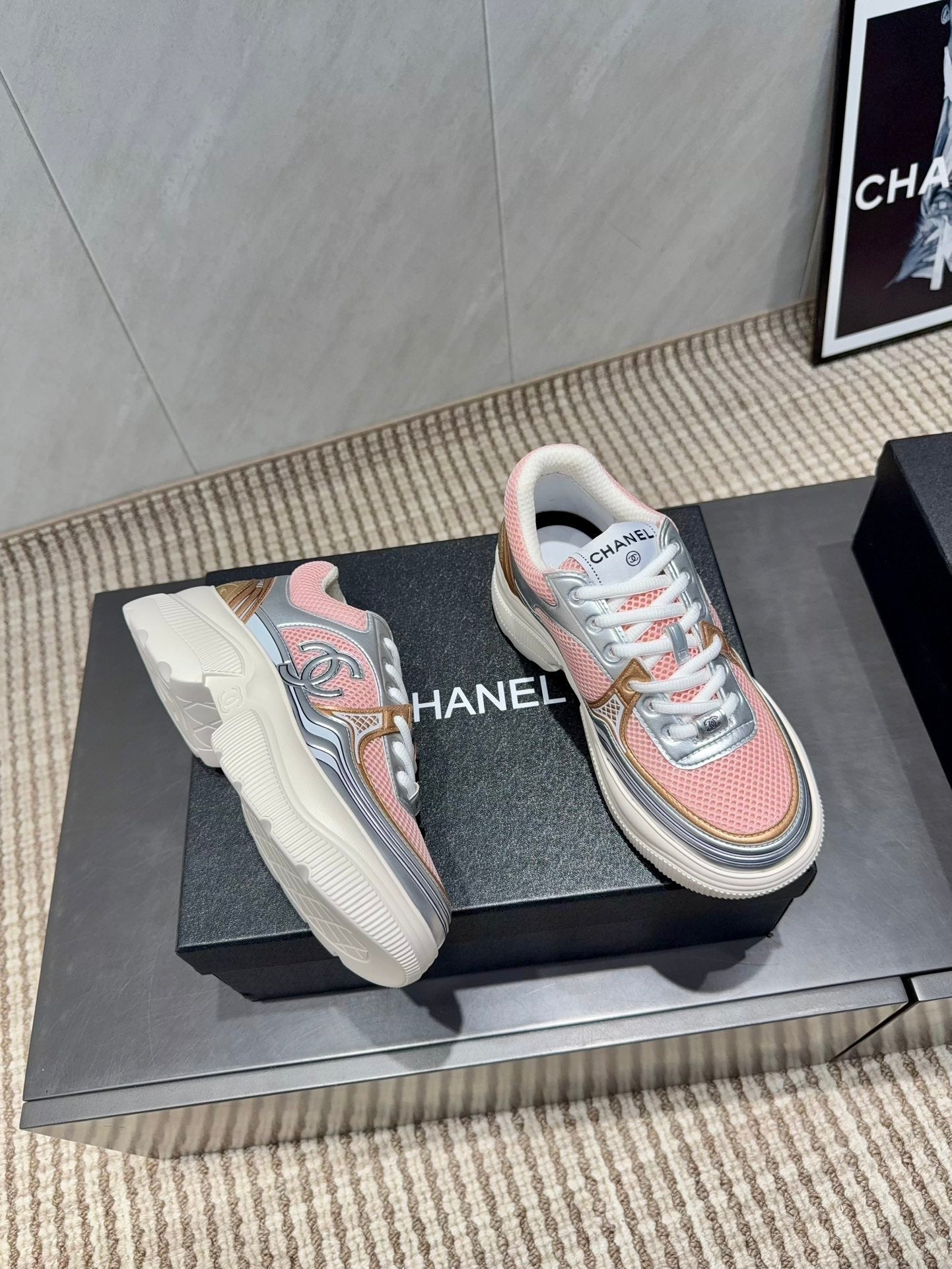 Chanel 25 Sneaker White Pink Silver Mesh Leather 540311