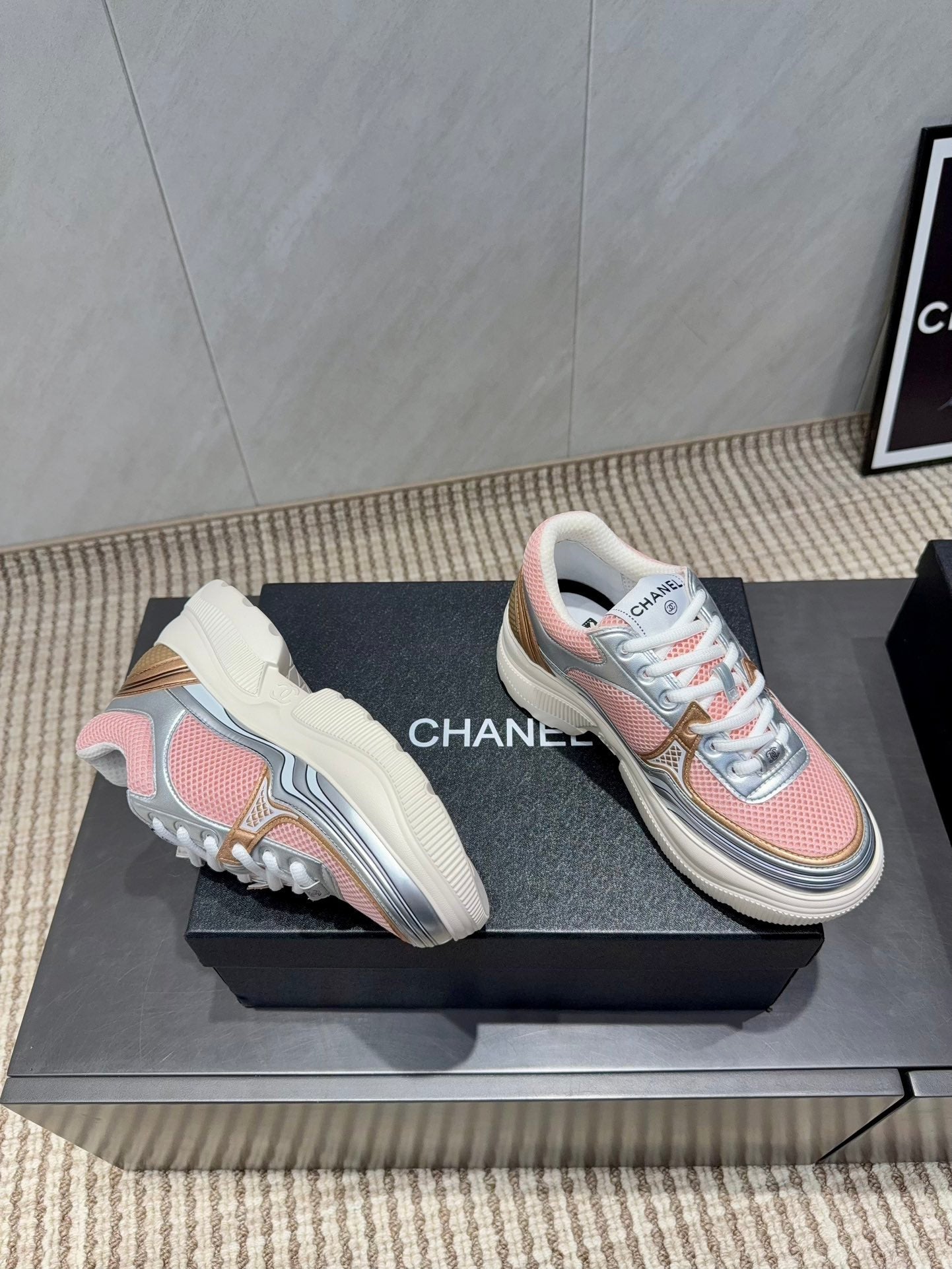 Chanel 25 Sneaker White Pink Silver Mesh Leather 540311