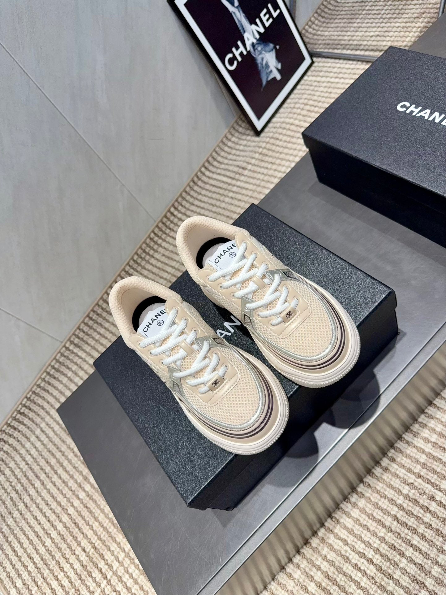 Chanel 25 Sneaker White Beige Silver Mesh Leather 540313