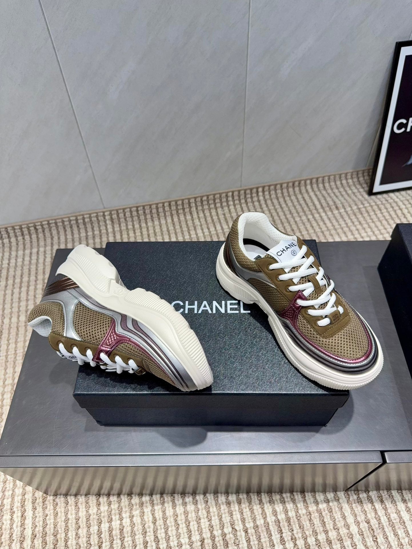 Chanel 25 Sneaker White Brown Silver Mesh Leather 540314