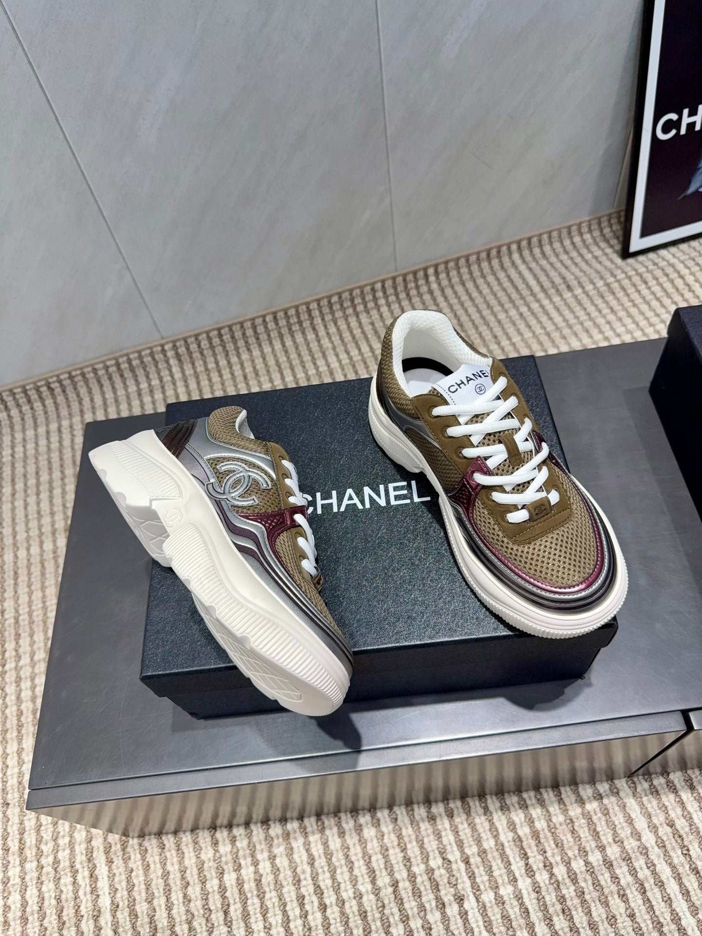 Chanel 25 Sneaker White Brown Silver Mesh Leather 540314