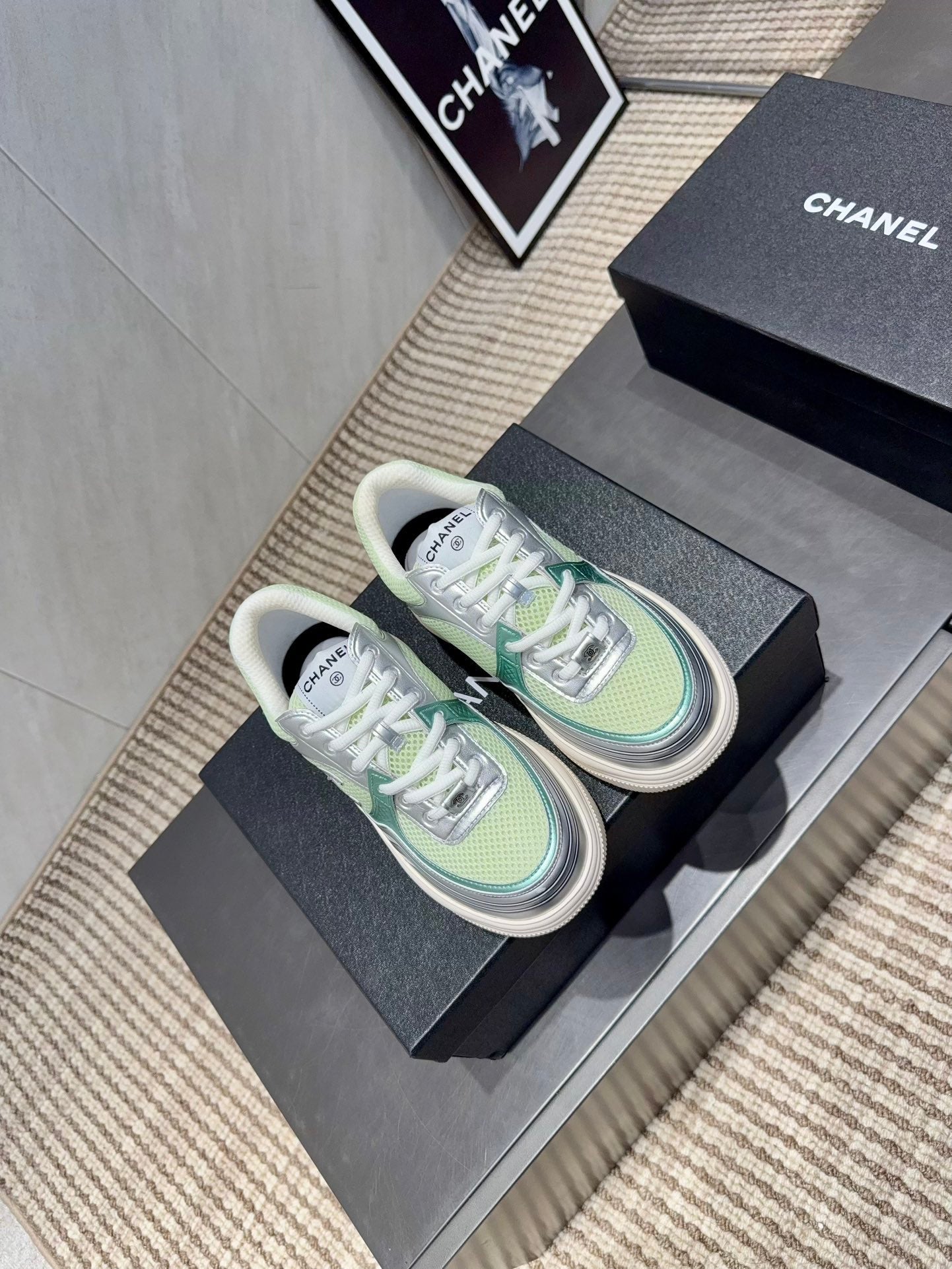 Chanel 25 Sneaker White Green Silver Mesh Leather 540315