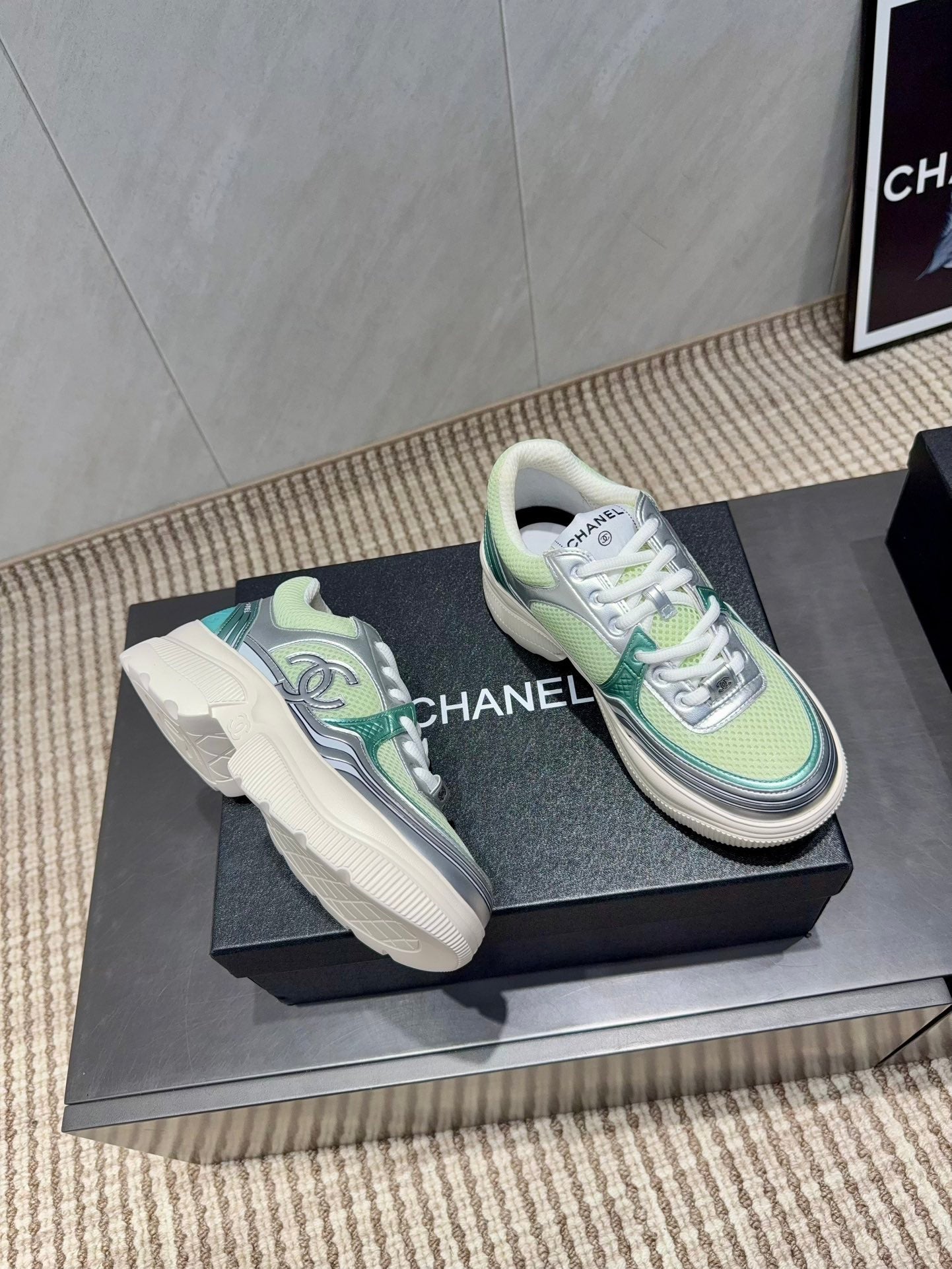 Chanel 25 Sneaker White Green Silver Mesh Leather 540315