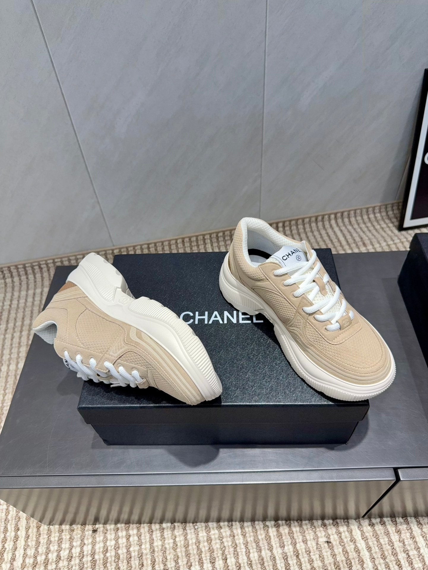 Chanel 25 Sneaker Light Brown White Mesh Fabric 540318