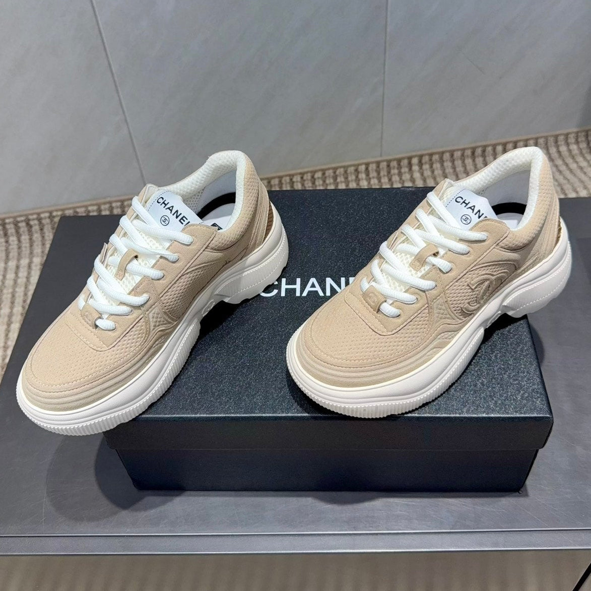 Chanel 25 Sneaker Light Brown White Mesh Fabric 540318