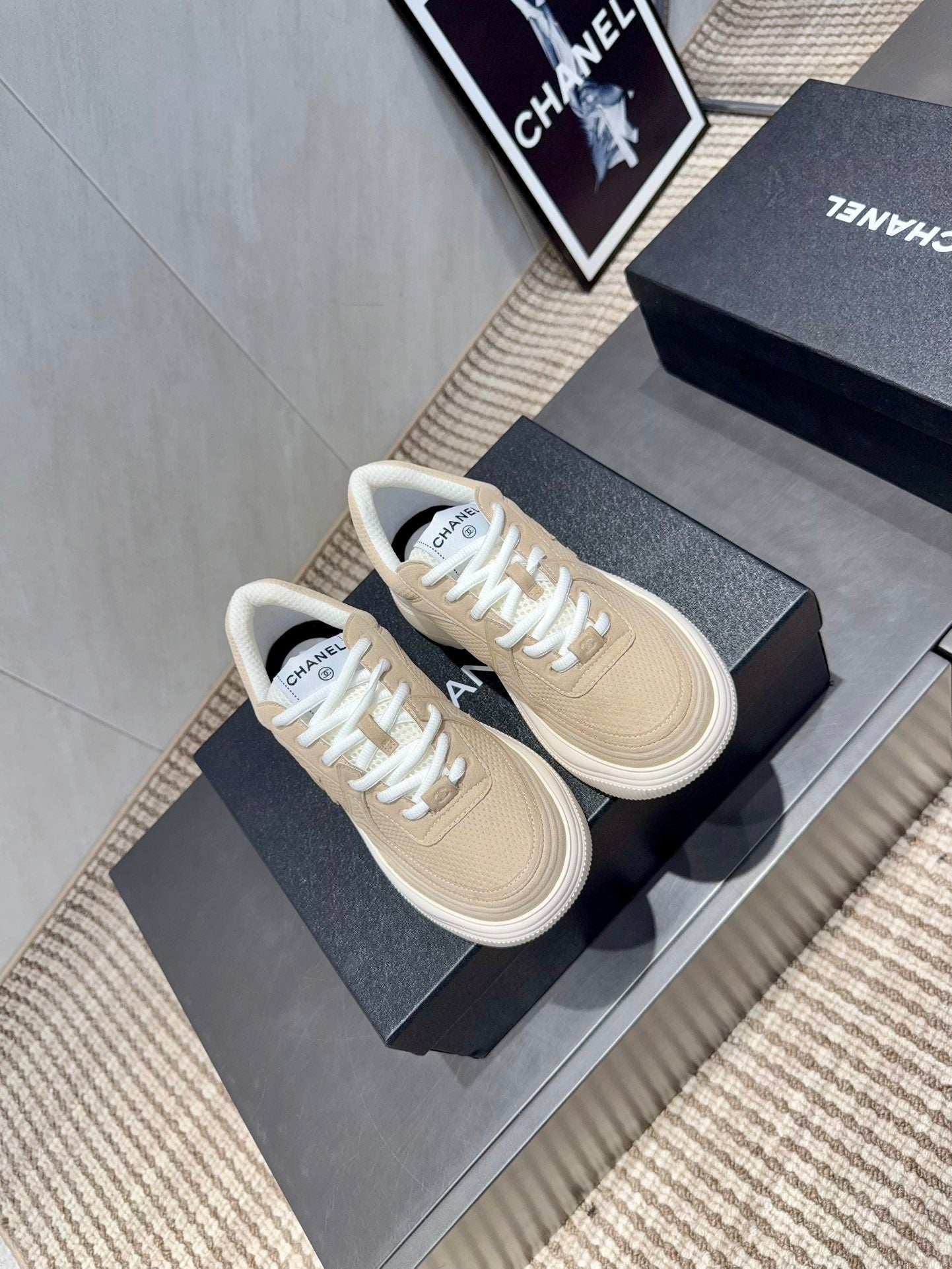 Chanel 25 Sneaker Light Brown White Mesh Fabric 540318