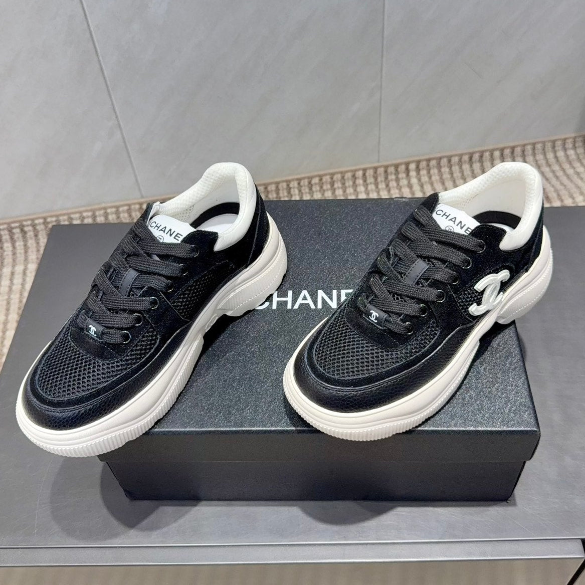 Chanel 25 Sneaker Black White Mesh Fabric 540320