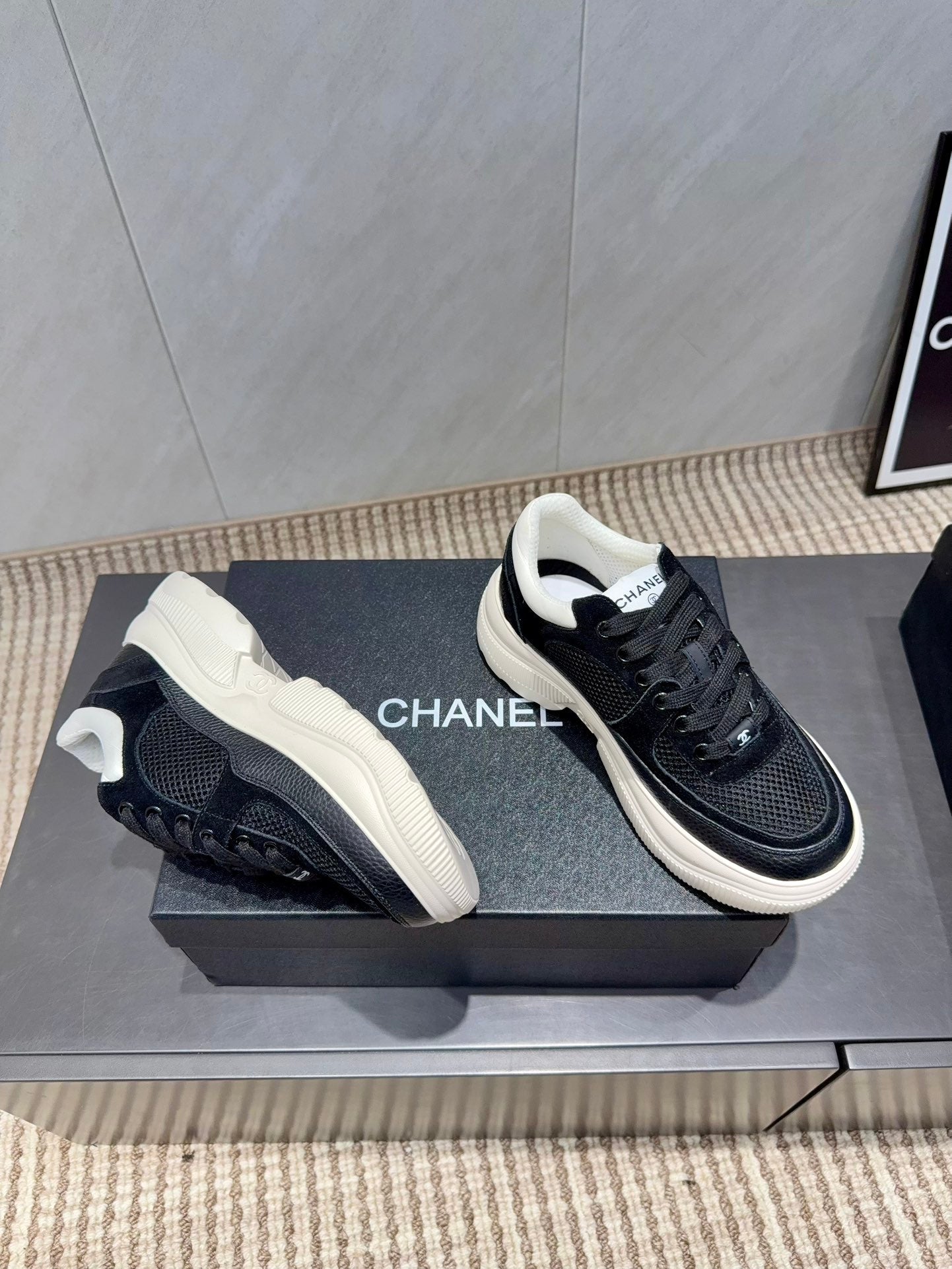 Chanel 25 Sneaker Black White Mesh Fabric 540320