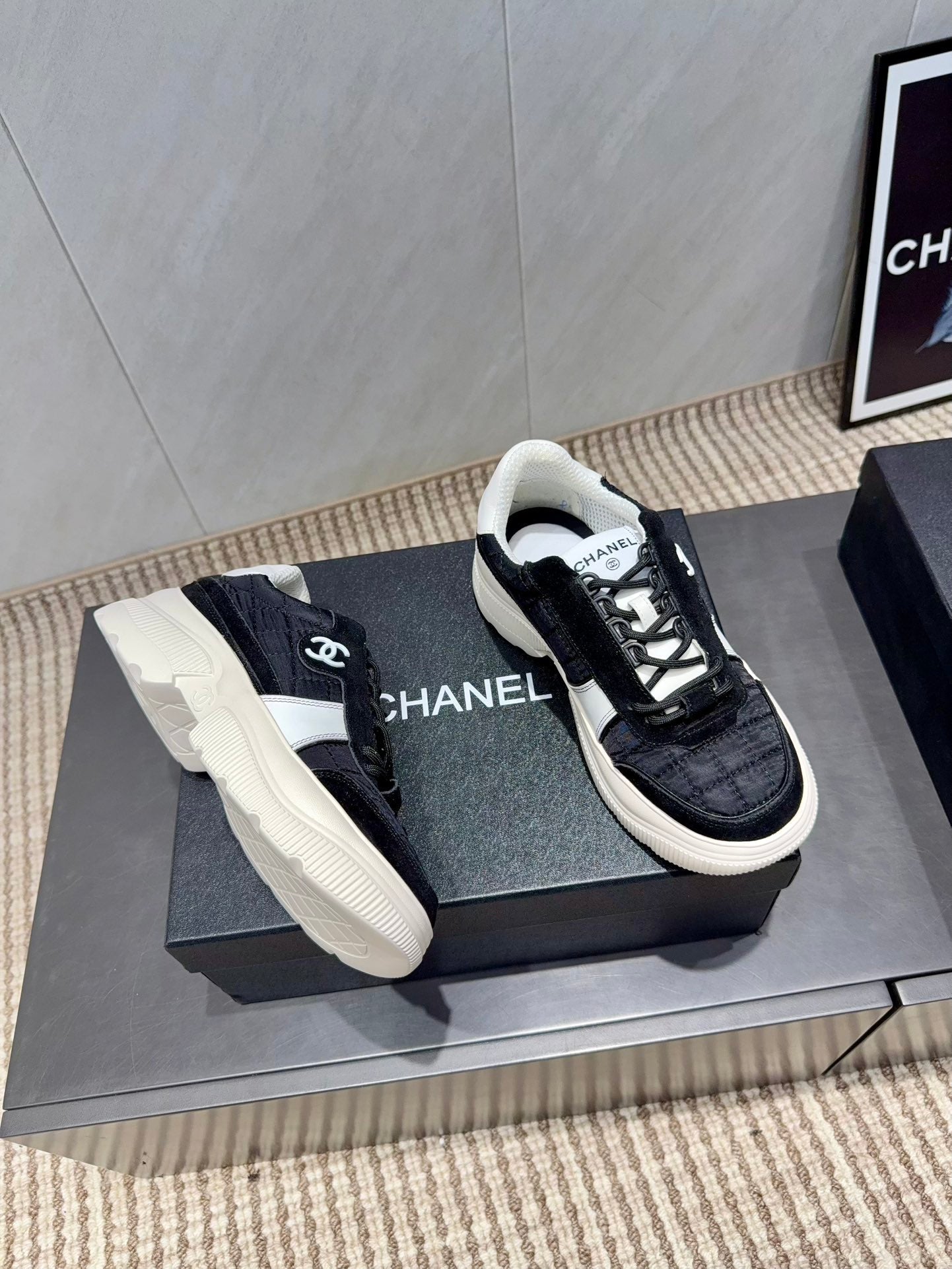 Chanel 25 Sneaker Black White Suede Fabric 540330