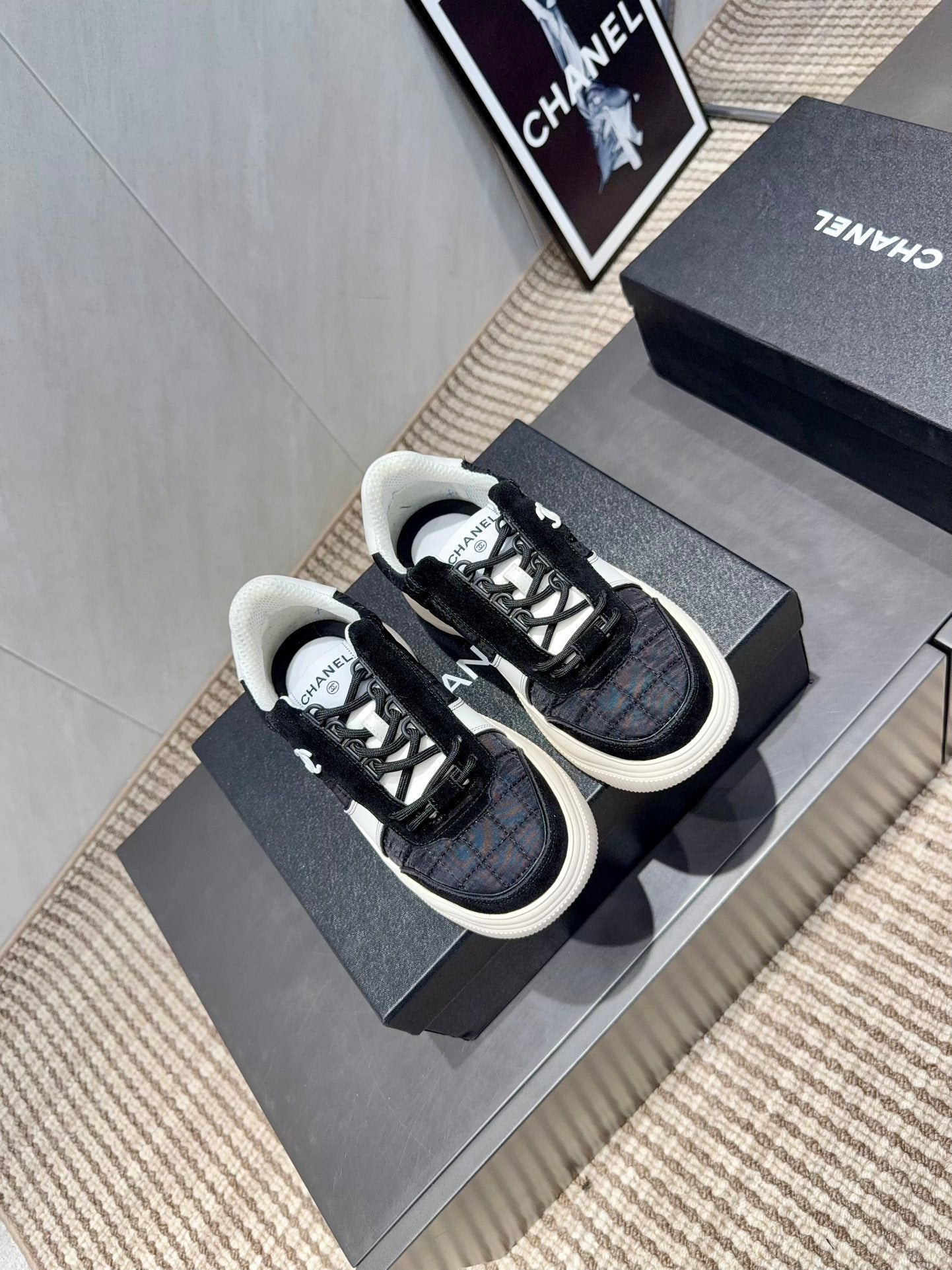 Chanel 25 Sneaker Black White Suede Fabric 540330