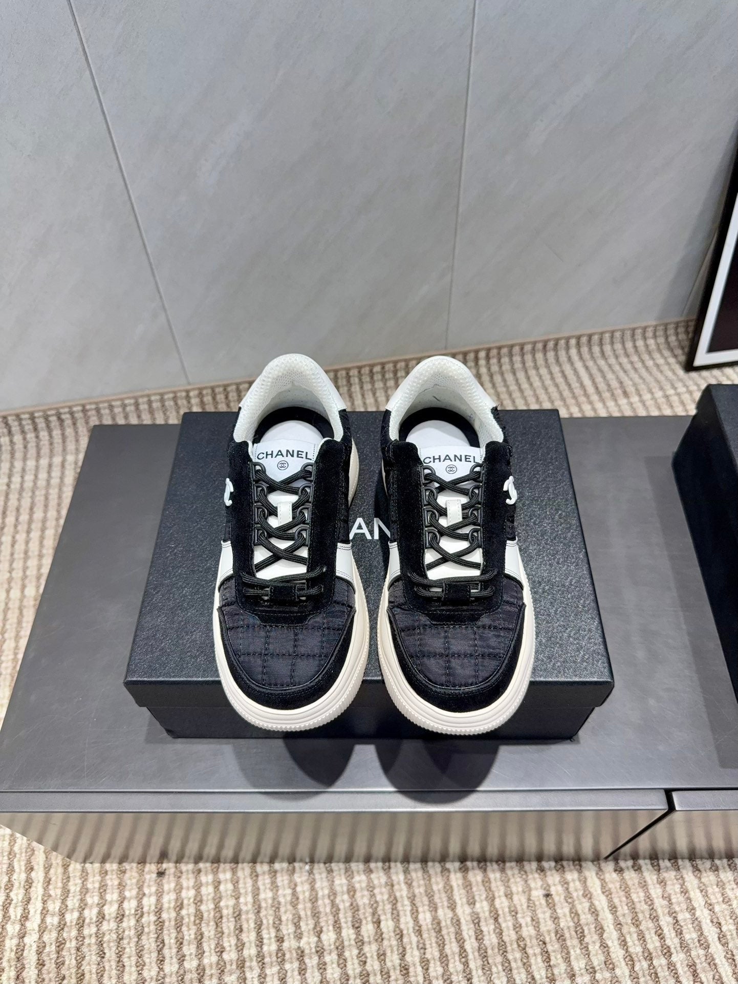 Chanel 25 Sneaker Black White Suede Fabric 540330