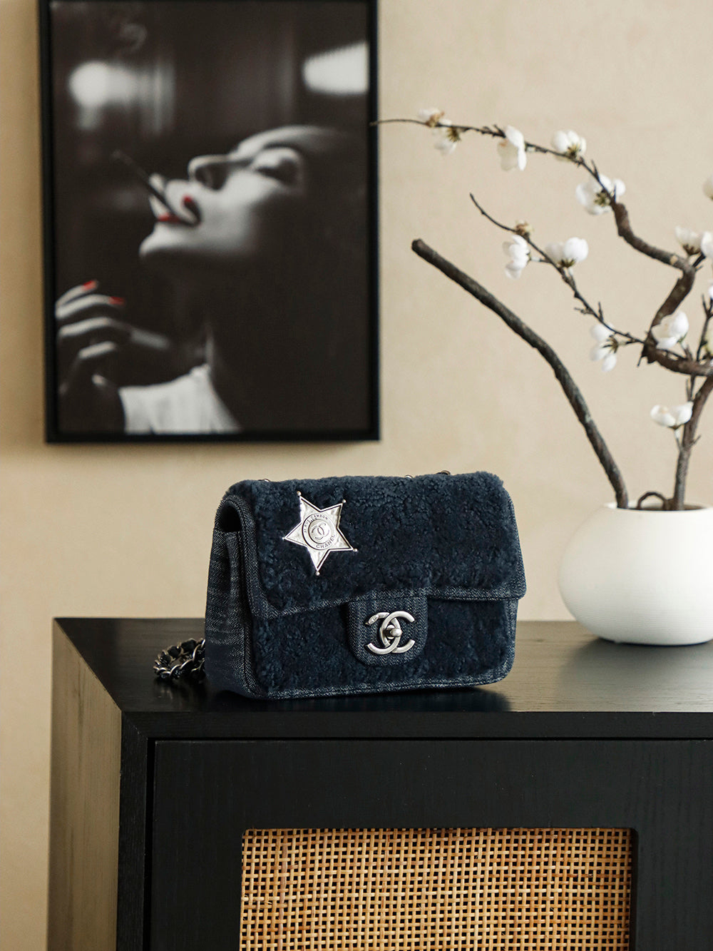 Chanel 2025 Dallas Shearling Star Bag 21cm Navy Blue Wool Denim 318220