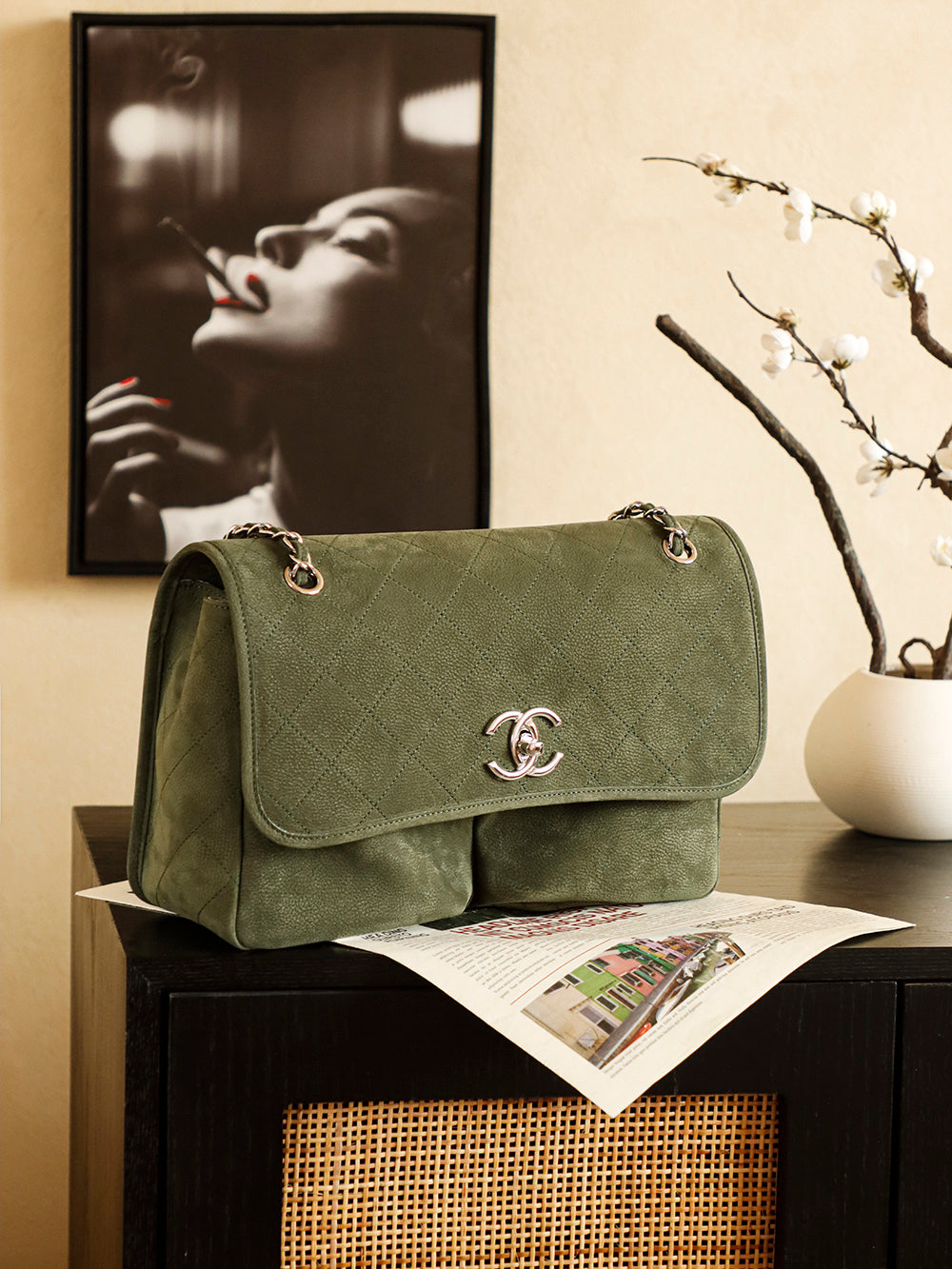 Chanel 25 Classic Single Flap Bag 35cm Green Leather 323478