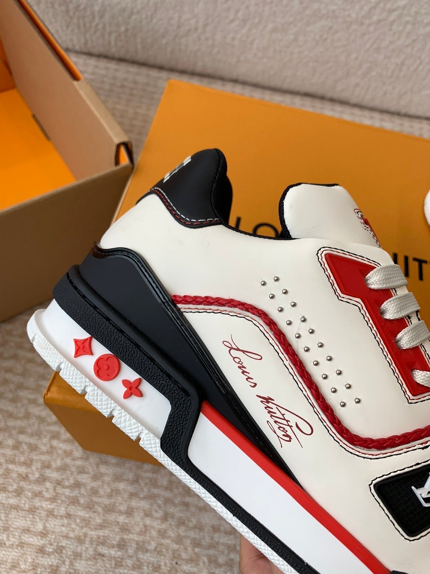 LV Trainer Sneaker White Mix Red Black Cowhide