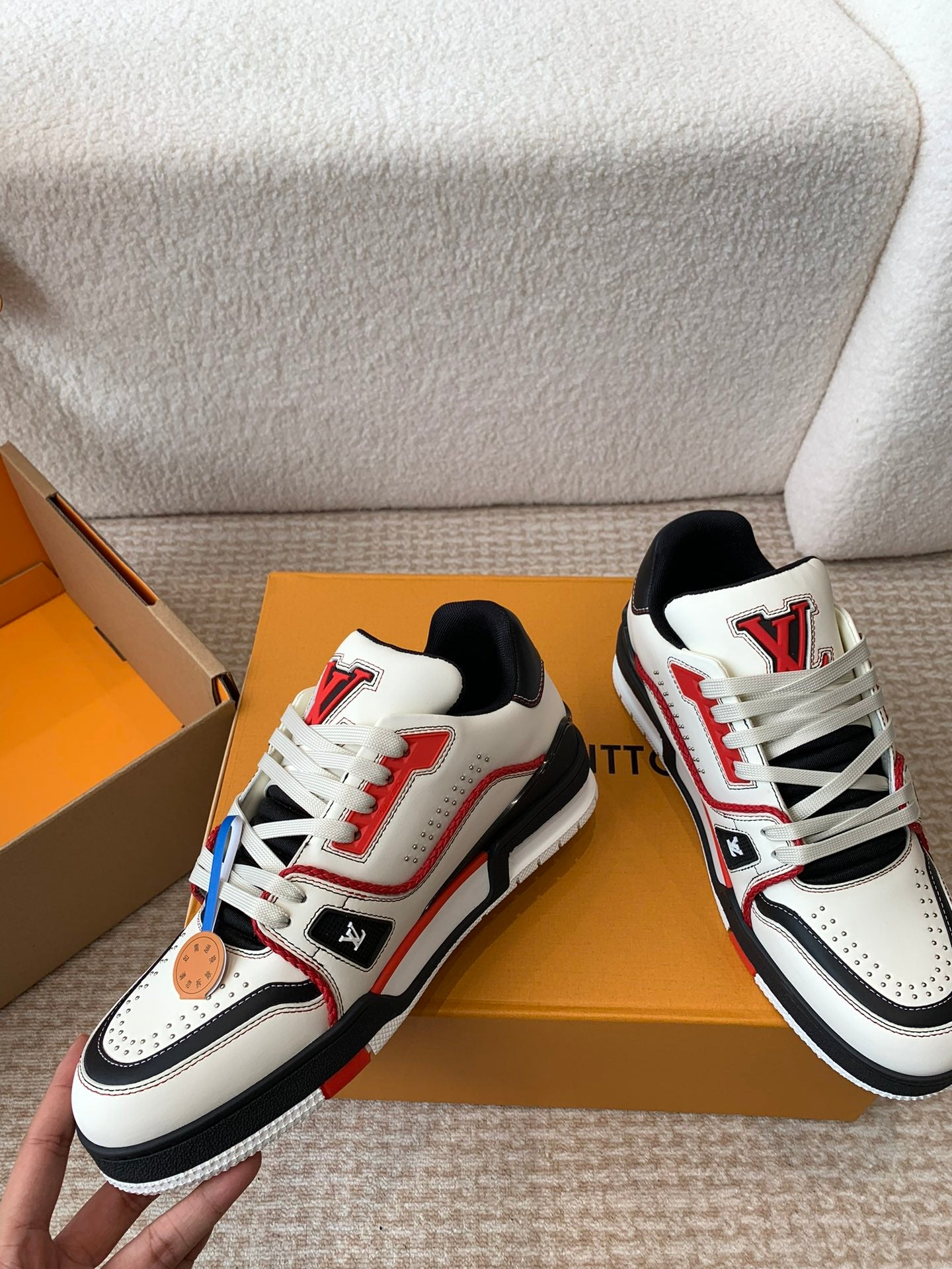 LV Trainer Sneaker White Mix Red Black Cowhide