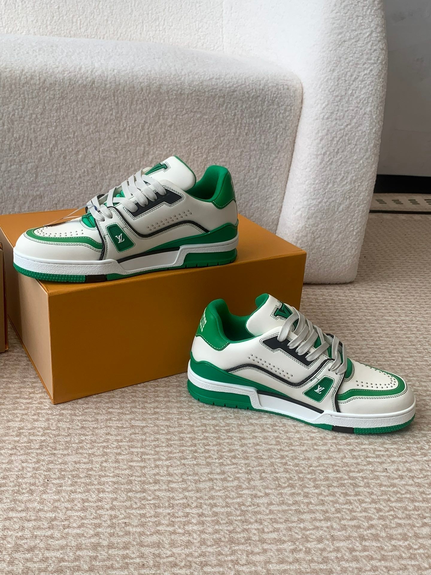 LV Trainer Sneaker White Mix Green Cowhide