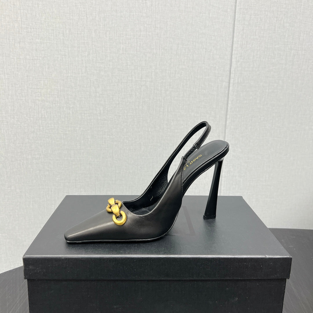 GOLD CHAIN ATTACHED HIGH SLINGBACK IN BLACK SMOOTH LAMBSKIN