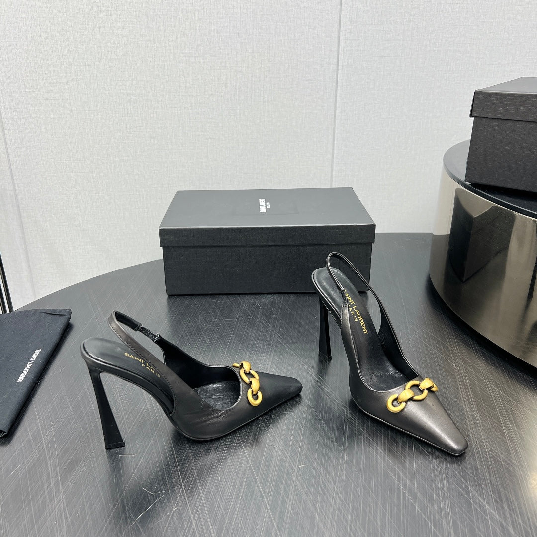 GOLD CHAIN ATTACHED HIGH SLINGBACK IN BLACK SMOOTH LAMBSKIN