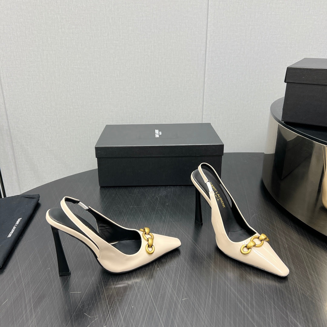 GOLD CHAIN ATTACHED HIGH SLINGBACK IN CREAM GLOSSY CALFSKIN