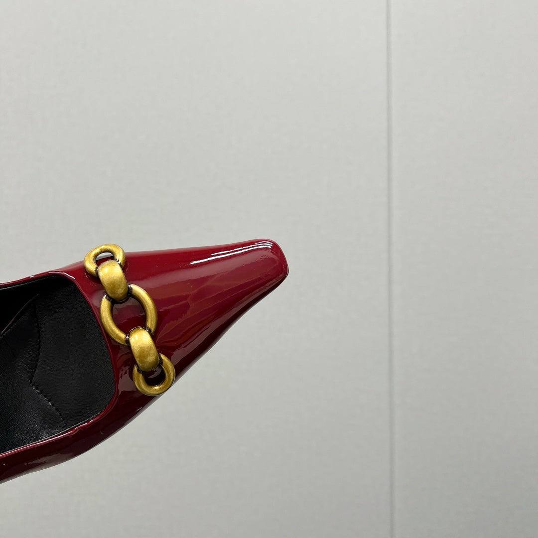 GOLD CHAIN ATTACHED HIGH SLINGBACK IN RED GLOSSY CALFSKIN