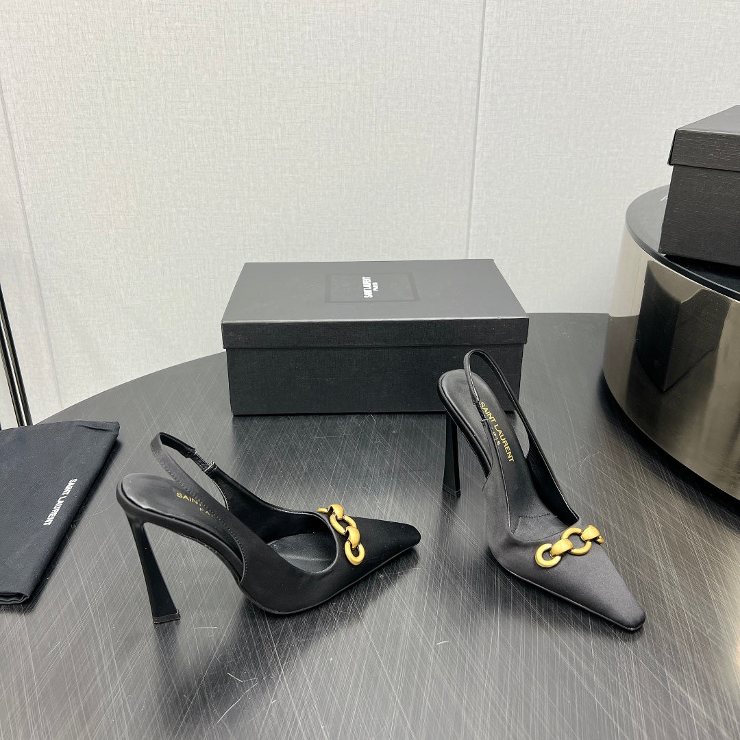 GOLD CHAIN ATTACHED HIGH SLINGBACK IN BLACK SILK
