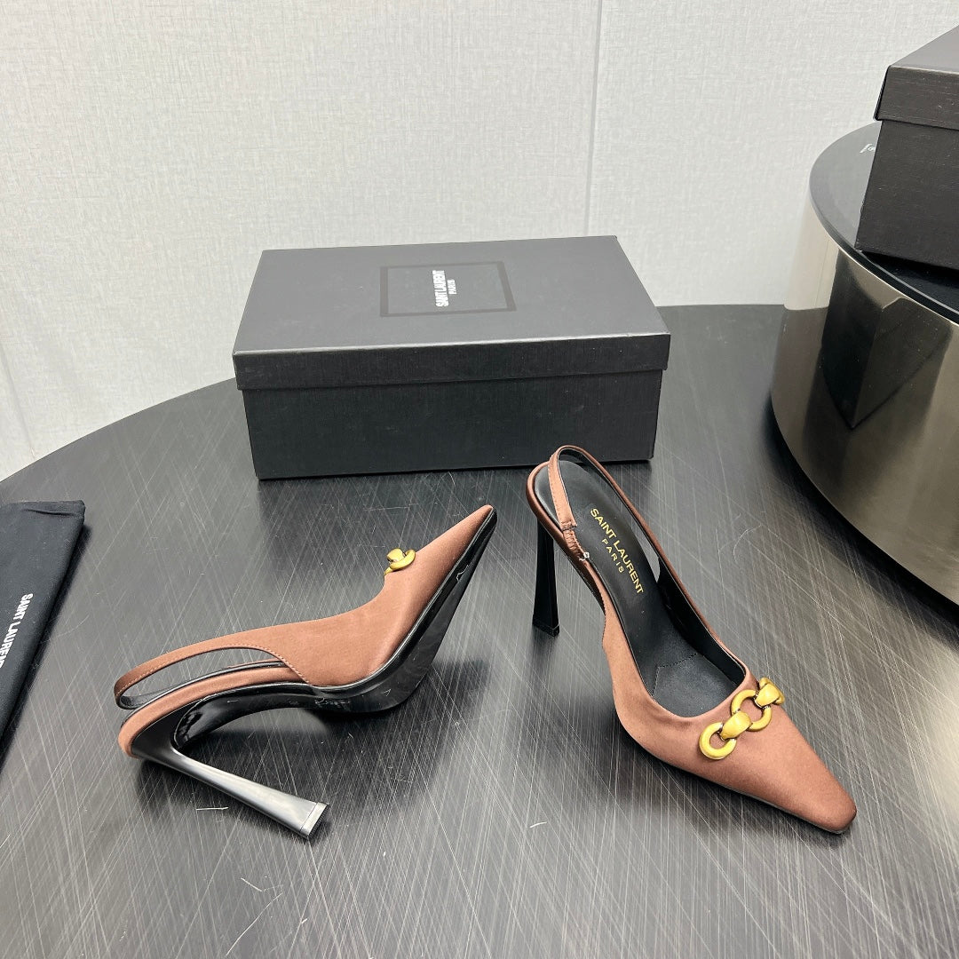 GOLD CHAIN ATTACHED HIGH SLINGBACK IN TOFFEE BROWN SILK