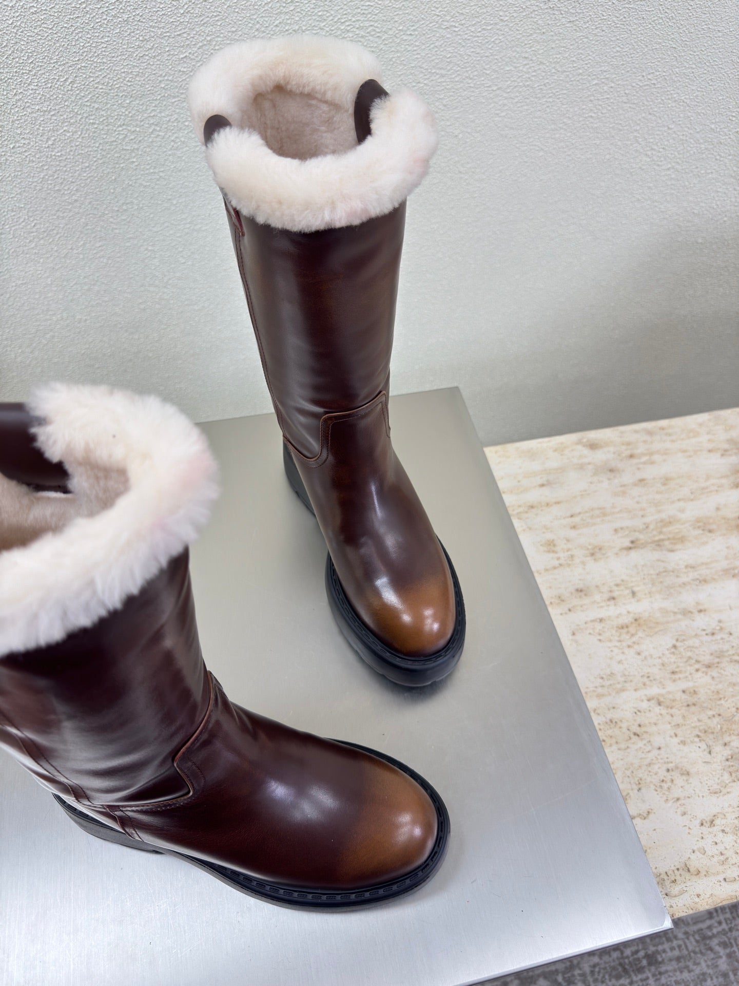 MiuMiu 25 platform boots brown calfskin wool 522430