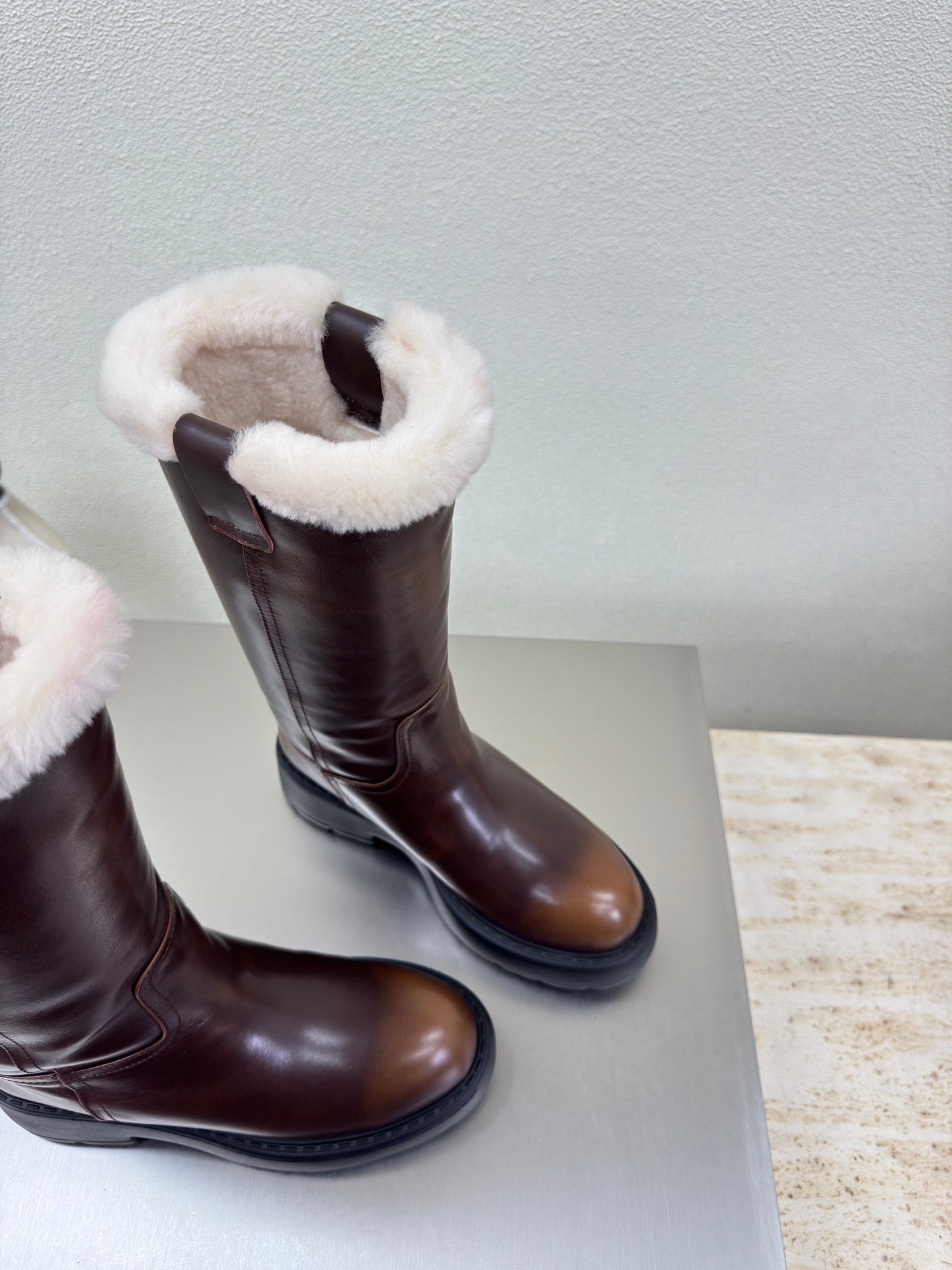 MiuMiu 25 platform boots brown calfskin wool 522430