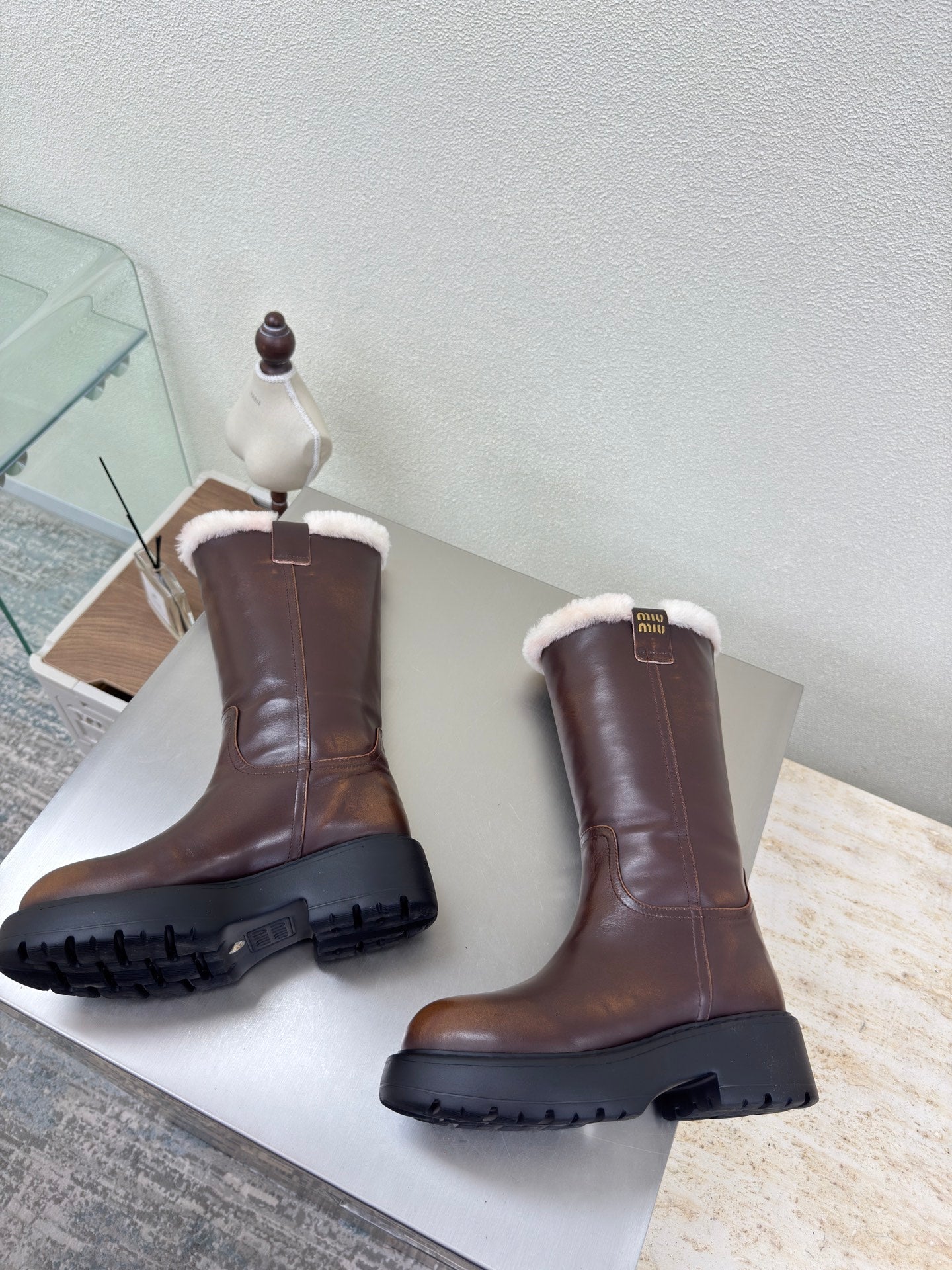 MiuMiu 25 platform boots brown calfskin wool 522430