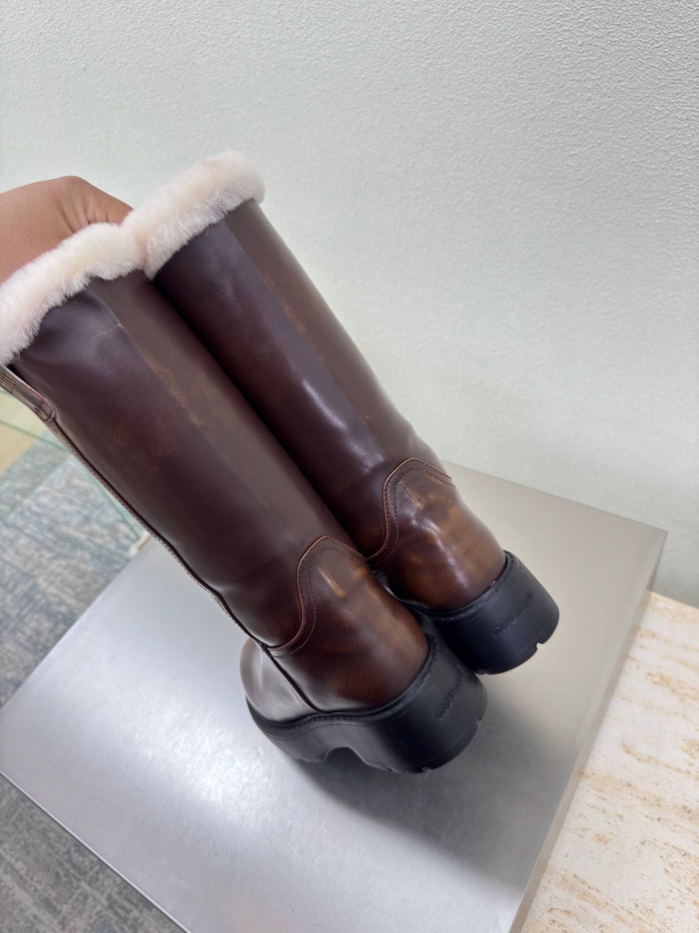 MiuMiu 25 platform boots brown calfskin wool 522430