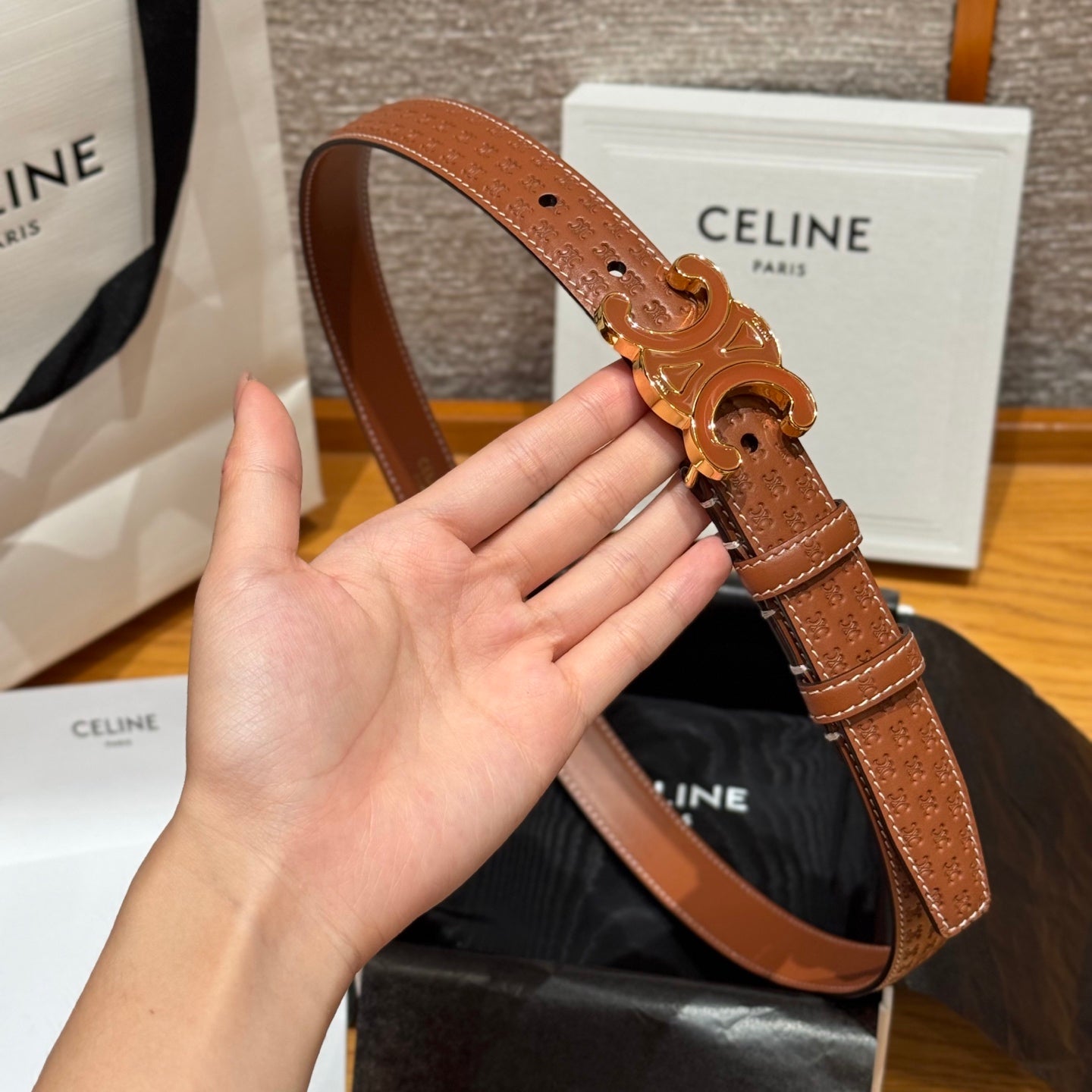 CL Tan 25mm Triomphe Enamel Monogram Brown Calfskin 597407