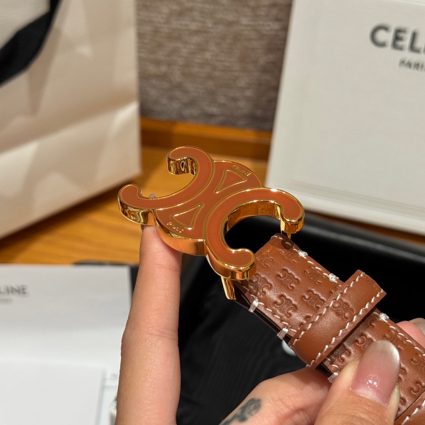 CL Tan 25mm Triomphe Enamel Monogram Brown Calfskin 597407