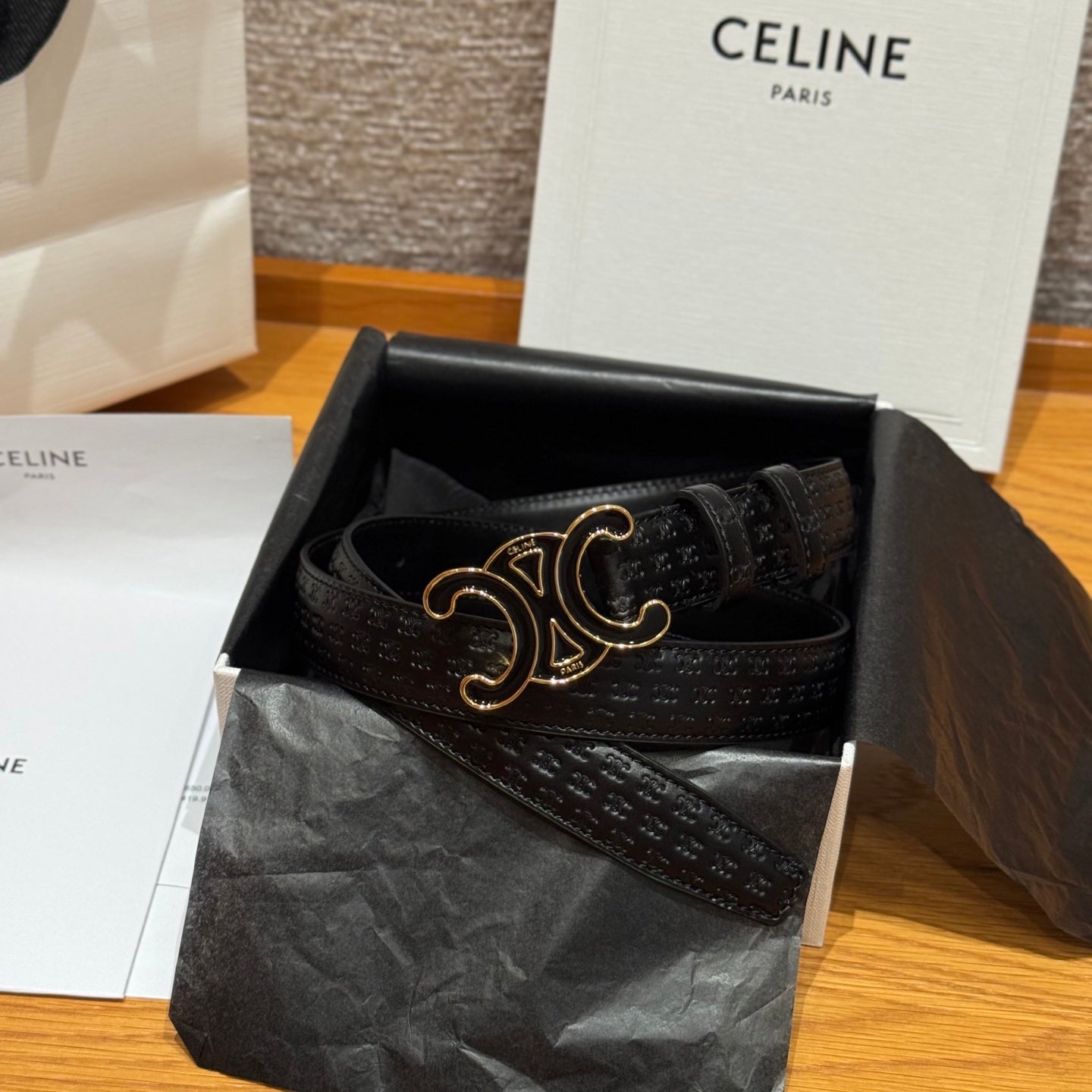 CL Black Gold 25mm Triomphe Enamel Monogram Black Calfskin 597408