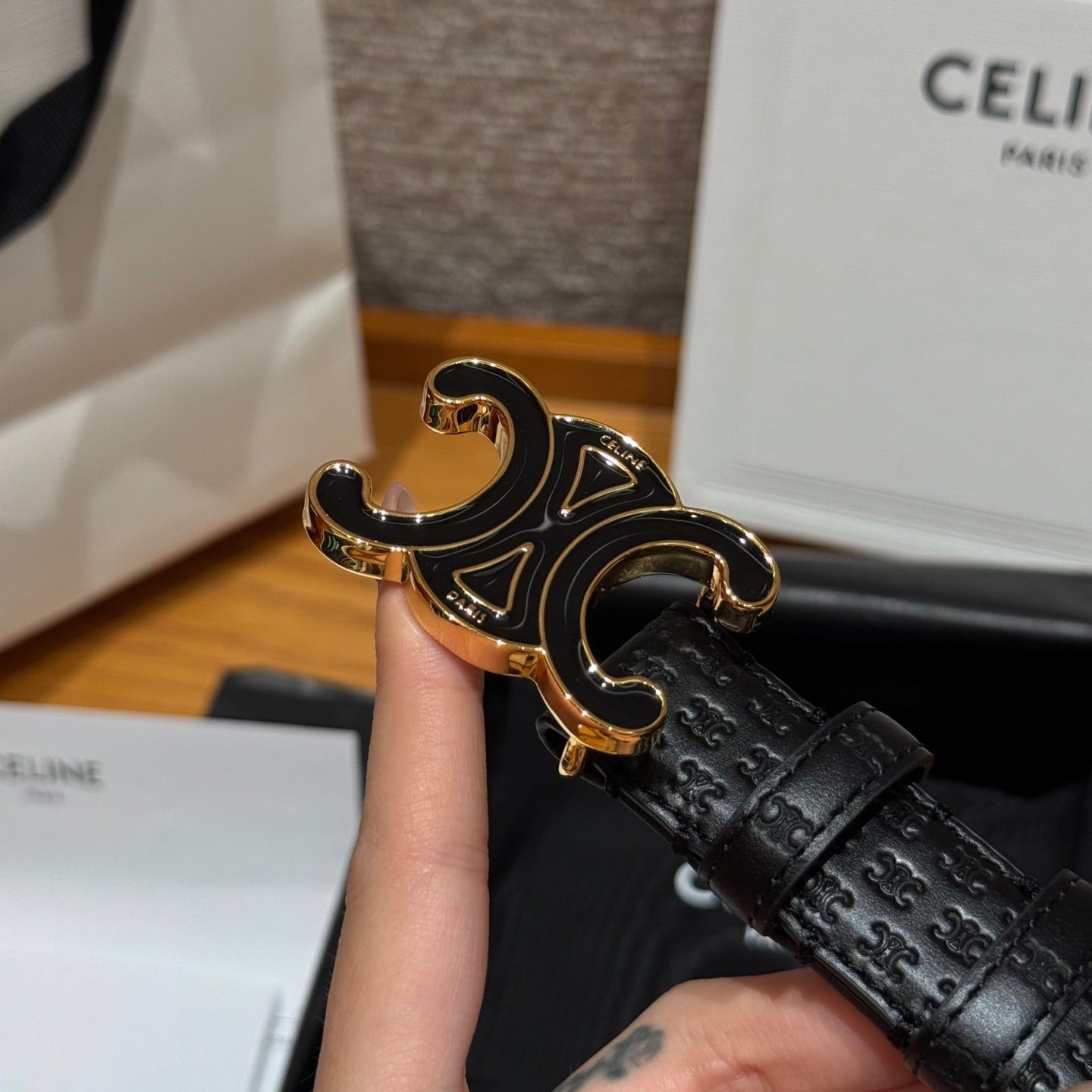 CL Black Gold 25mm Triomphe Enamel Monogram Black Calfskin 597408