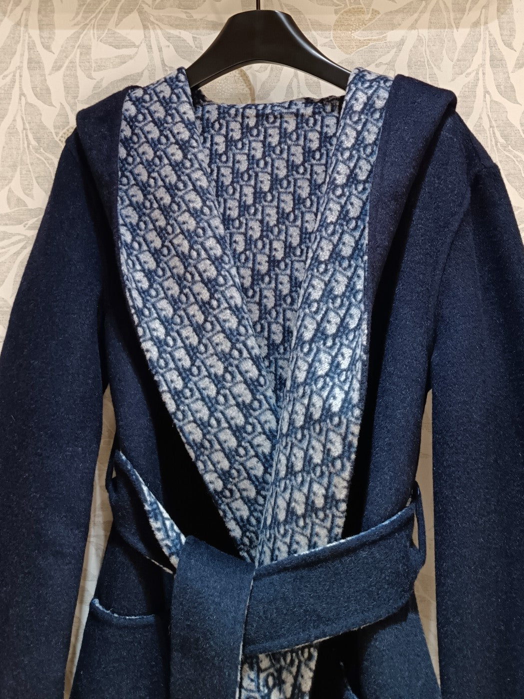 CD Hooded Long Coat Navy Blue Wool Silk