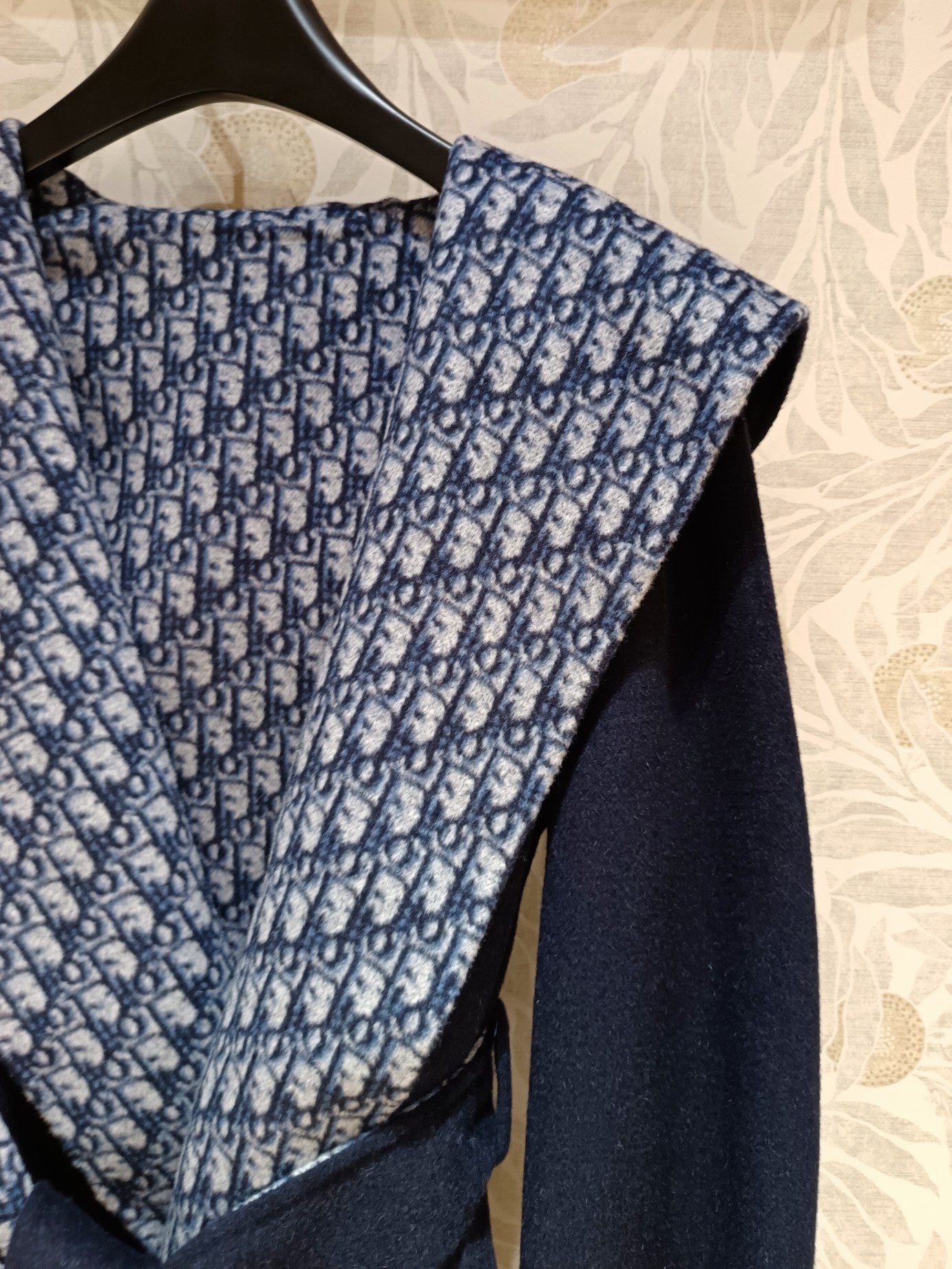 CD Hooded Long Coat Navy Blue Wool Silk