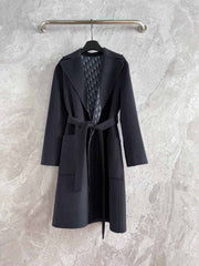 CD Hooded Long Coat Black Wool Silk
