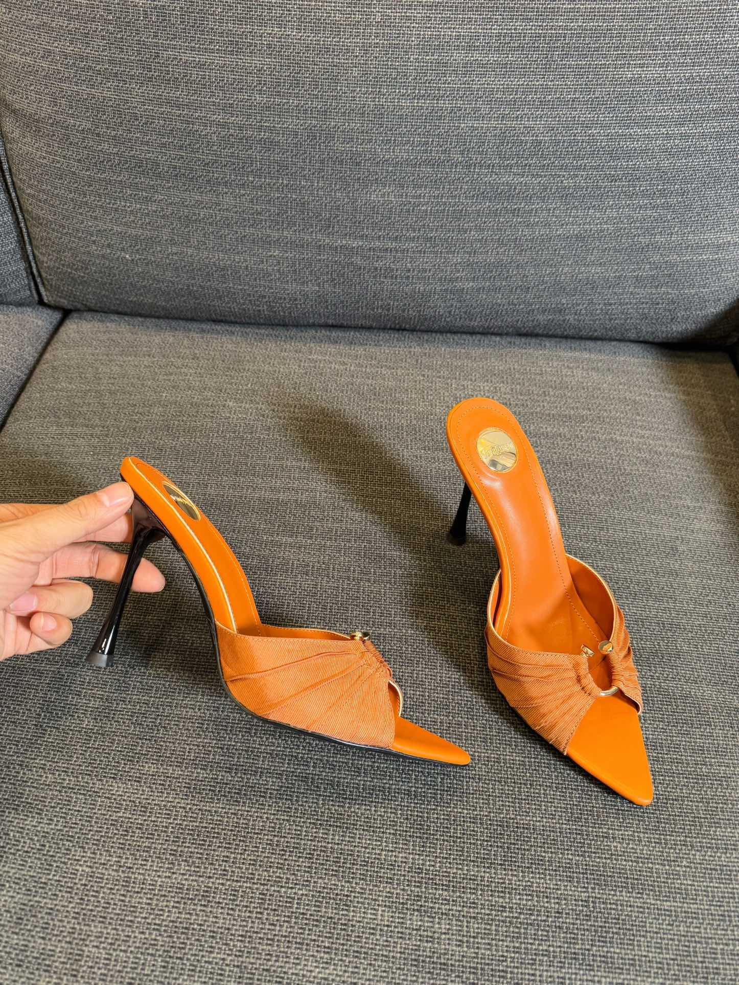 LOLA HIGH MULES IN TANGELO ORANGE SMOOTH LAMBSKIN AND DRAPED JERSEY