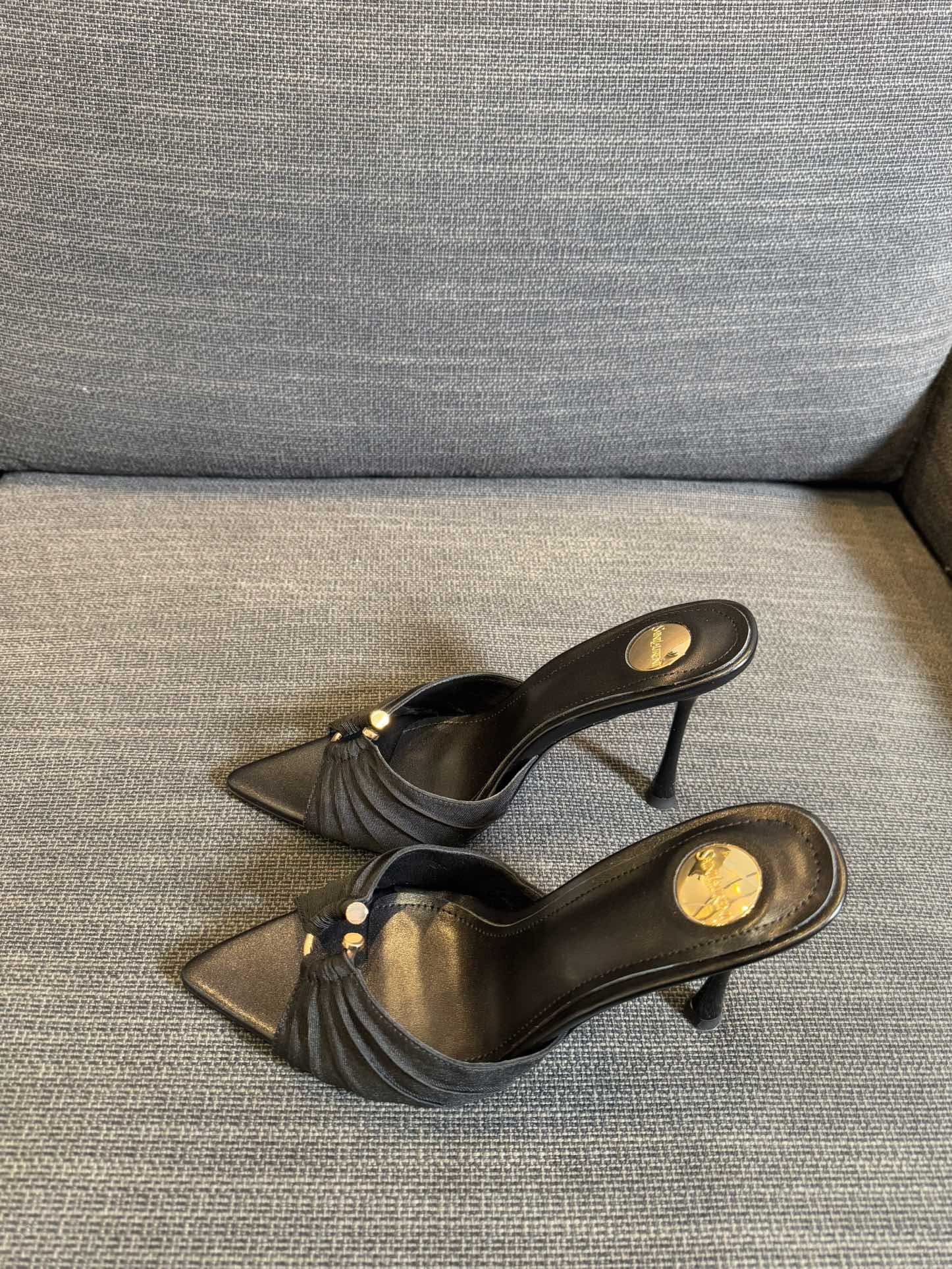 LOLA HIGH MULES IN BLACK SMOOTH LAMBSKIN AND DRAPED JERSEY