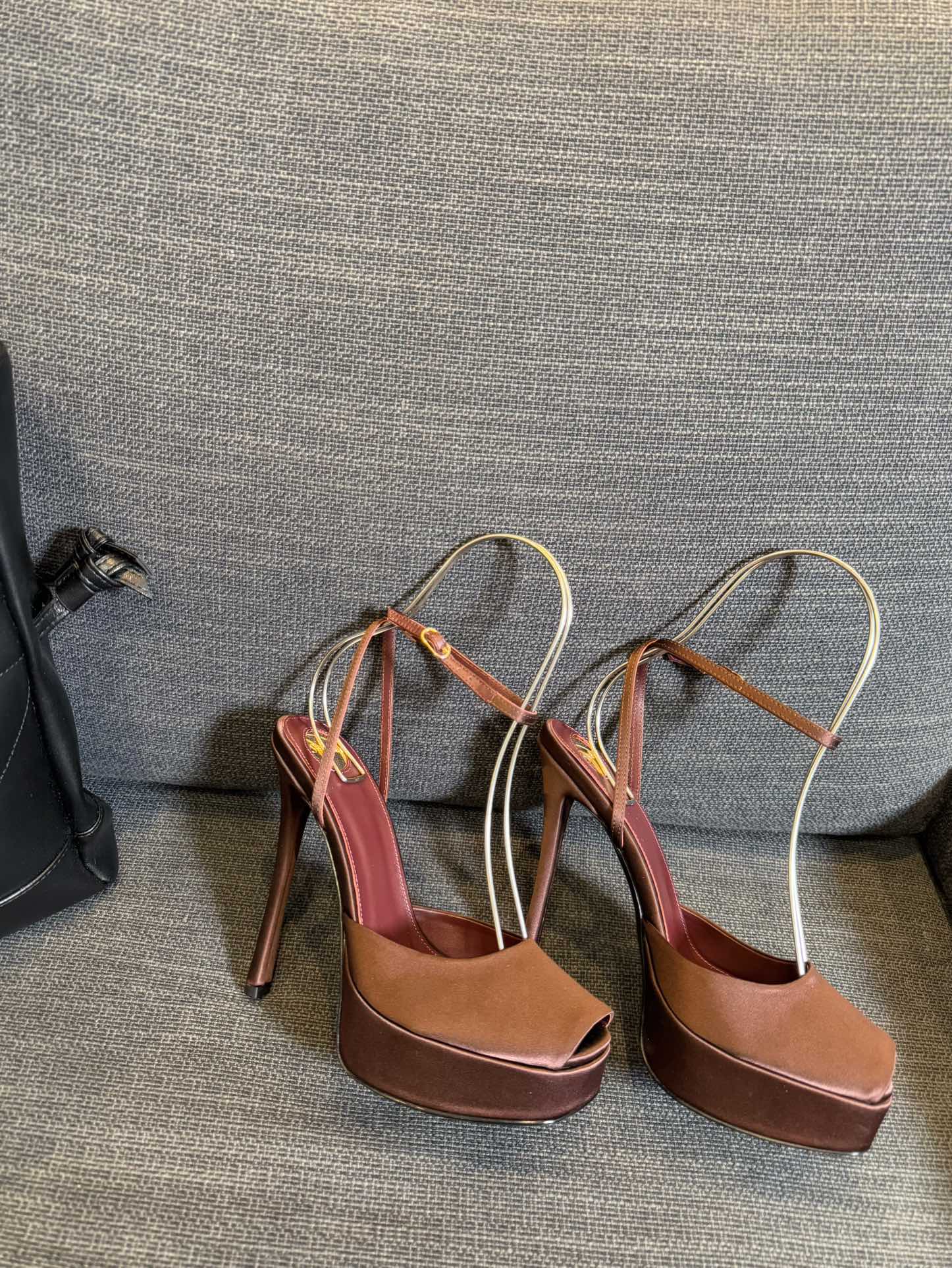 LA SCANDALE PLATFORM SANDALS IN DARK CAPPUCCINO SATIN