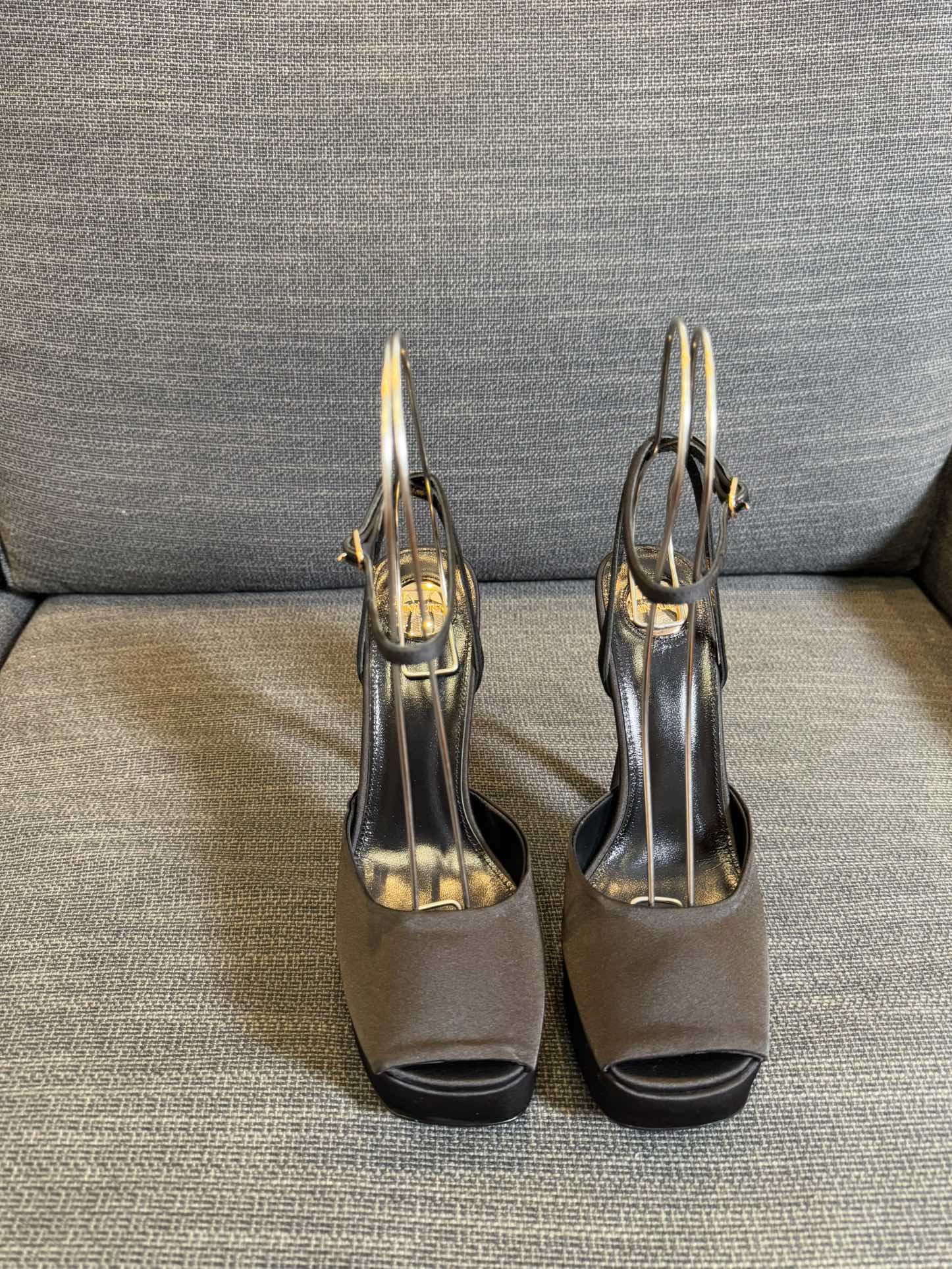 LA SCANDALE PLATFORM SANDALS IN TAUPE BROWN SATIN