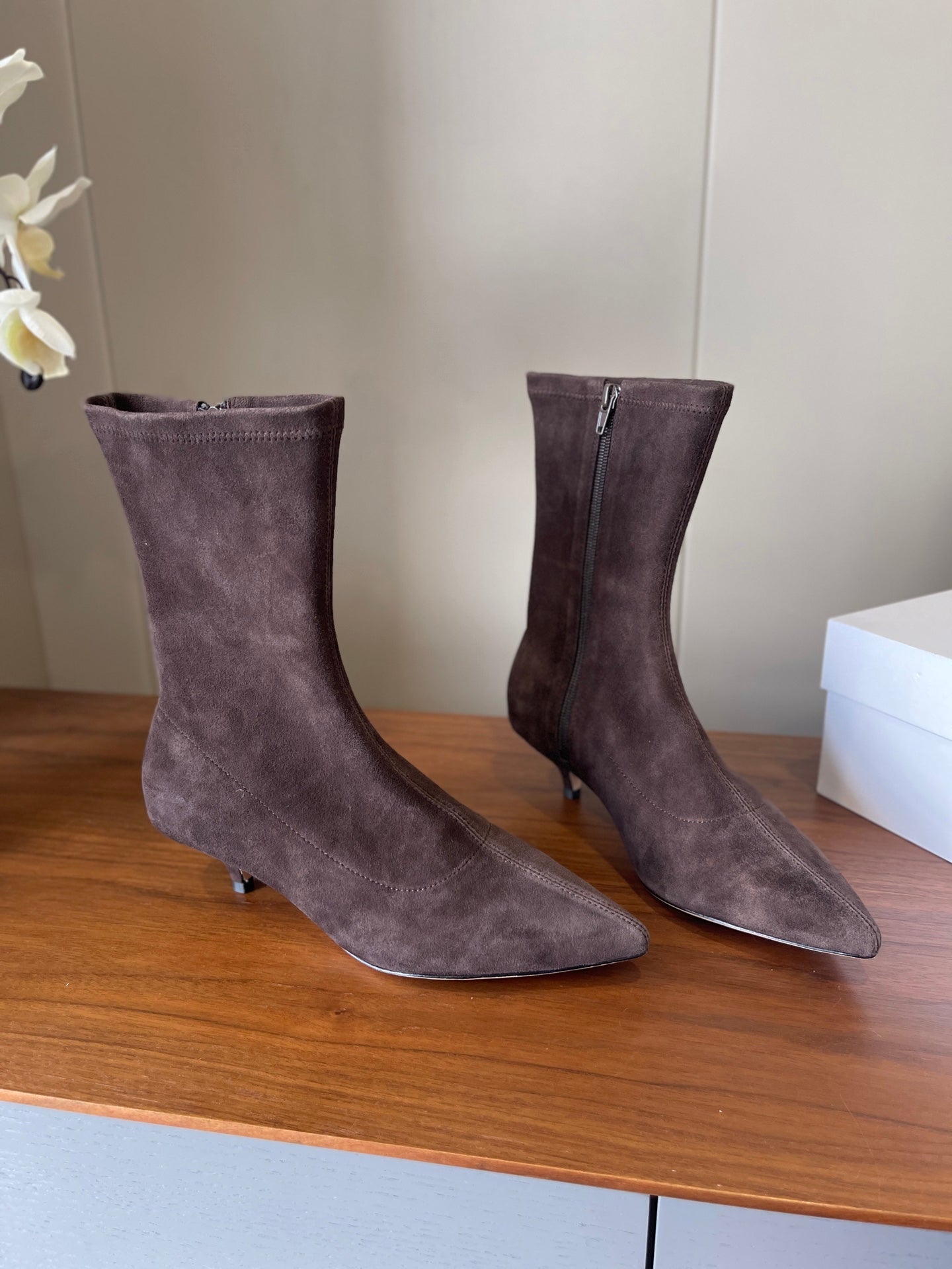 The Row 2025 Heel Ankle Boot Dark Brown Suede 561610