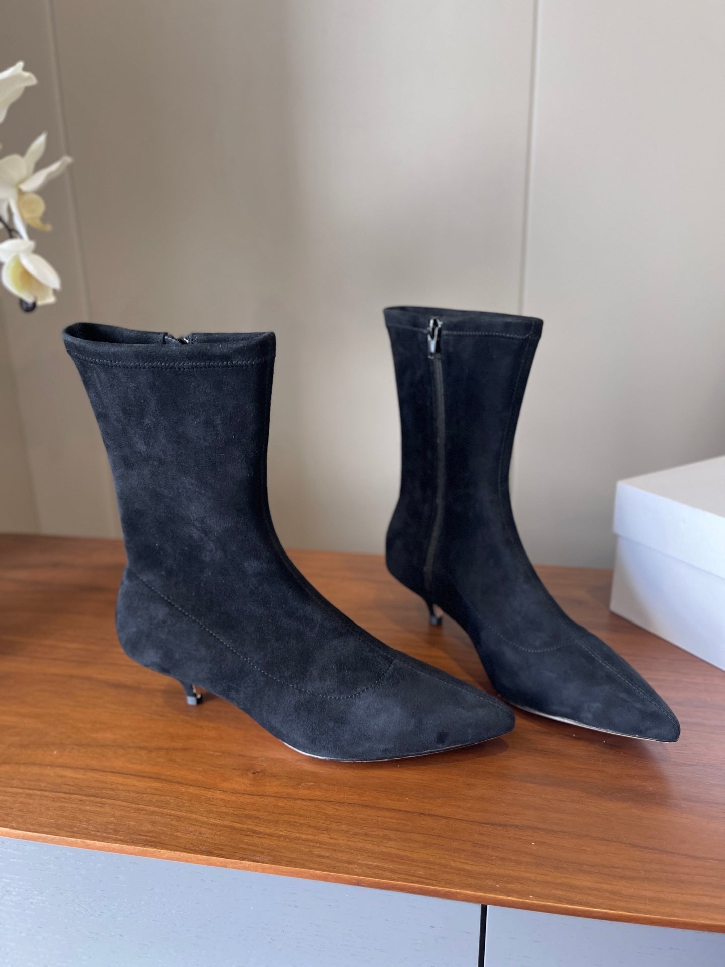 The Row 2025 Heel Ankle Boot Black Suede 561609