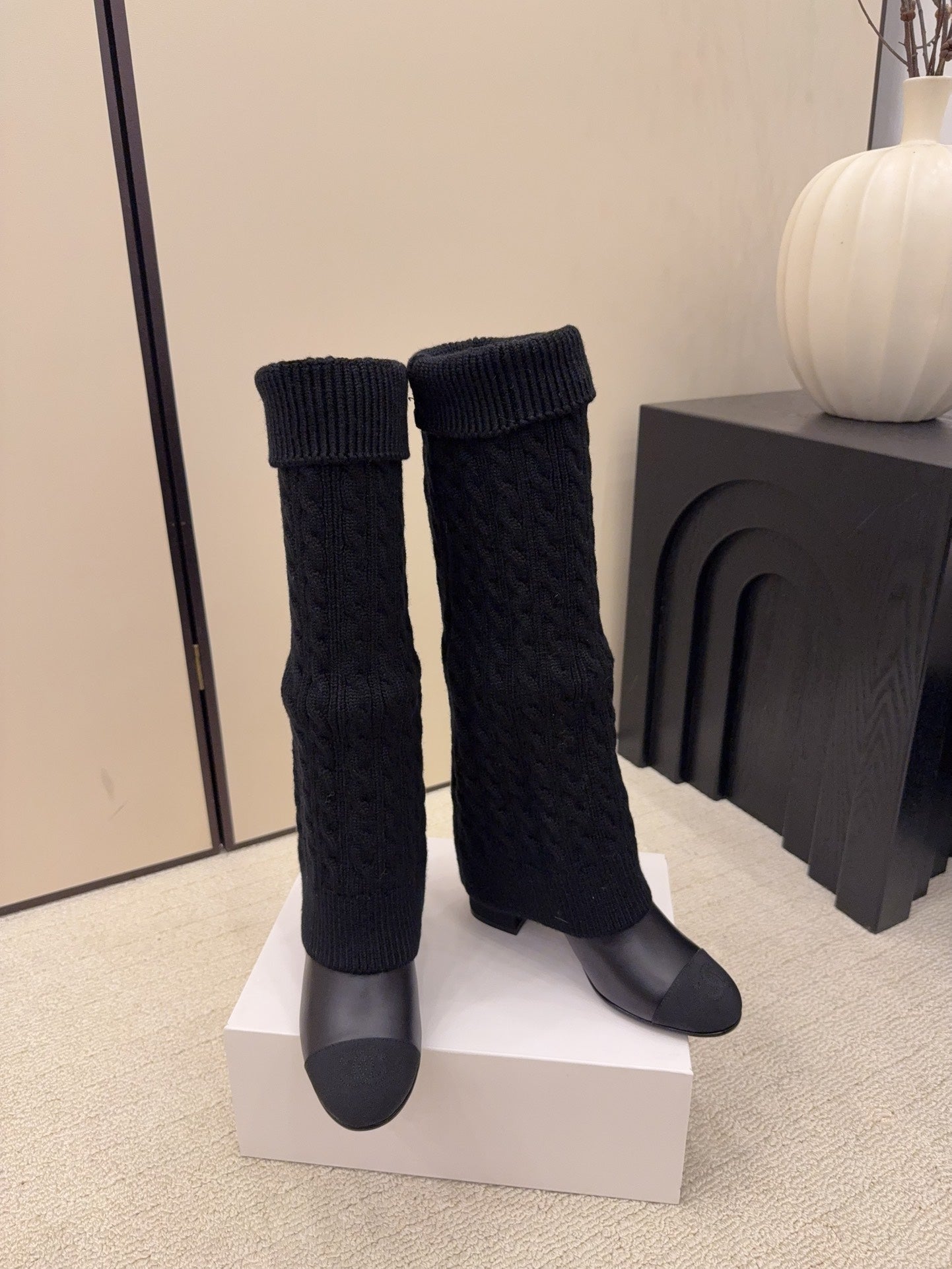 CC 26 Boot With Sock Detail Black Wool Leather 588842