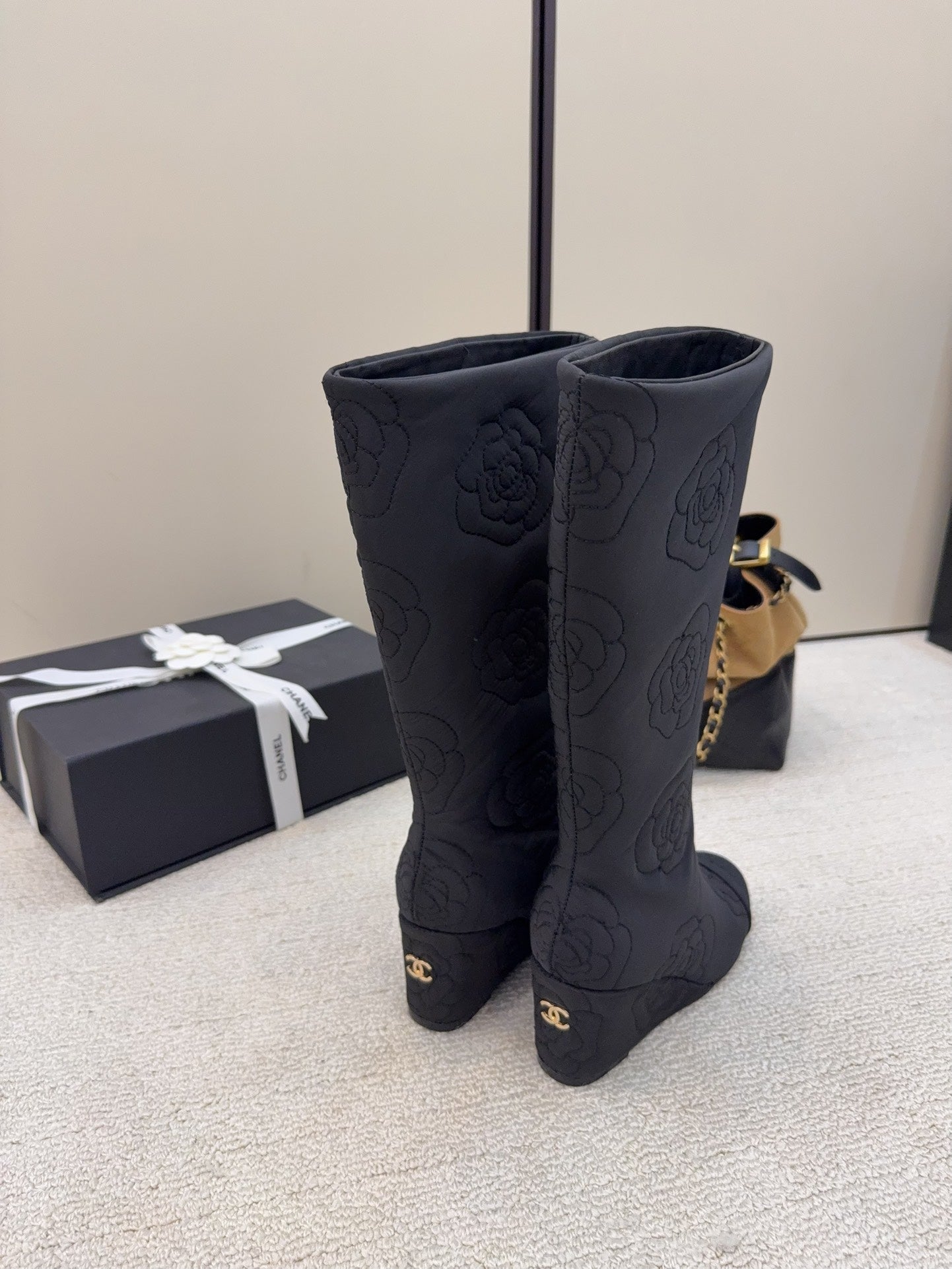 CC 26 Wedge Boot With Quilted Camellia Pattern Black Fabric 588892