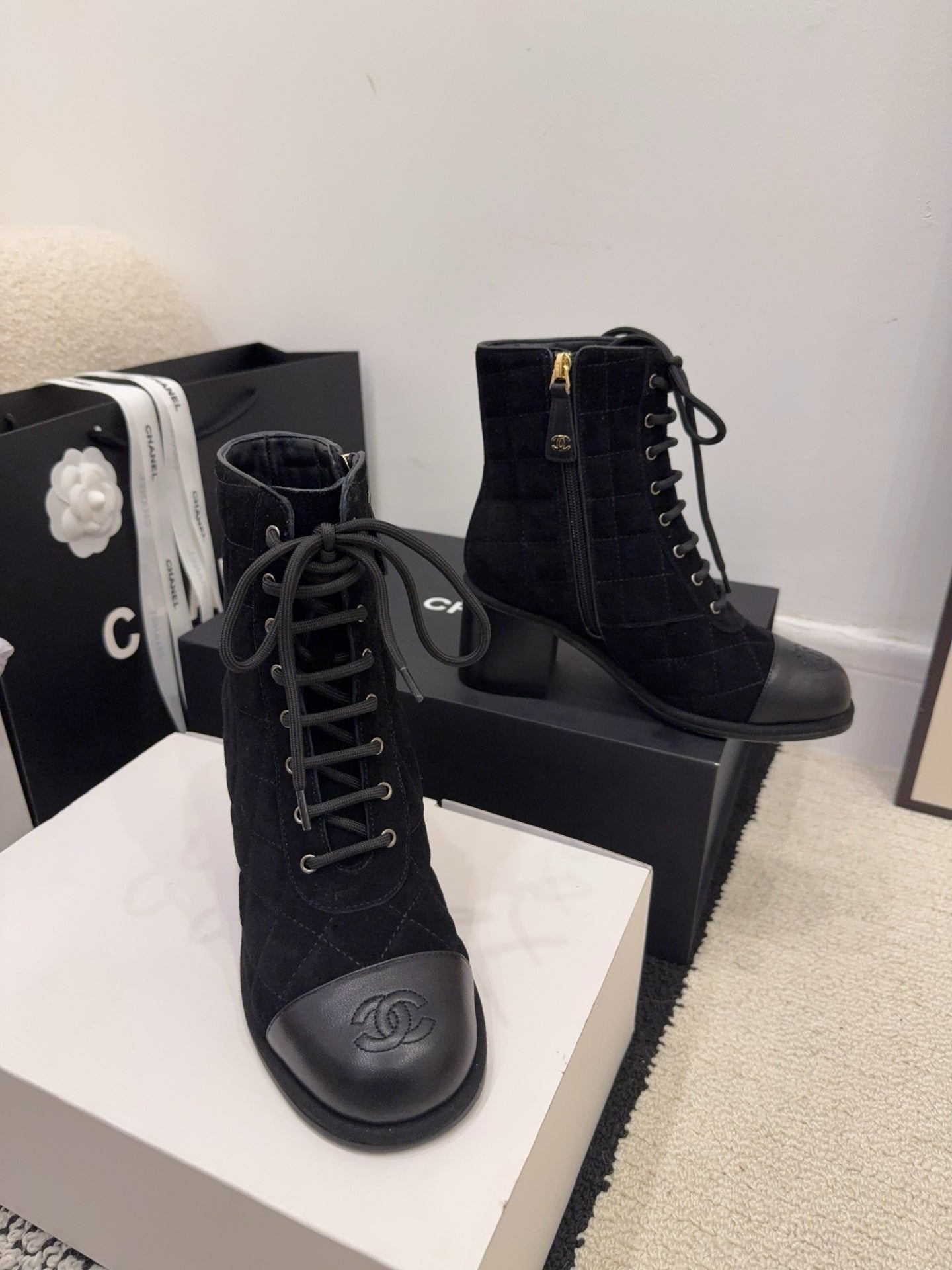 CC 26 Quilted Lace-up Boot Black Suede Calfskin 588816