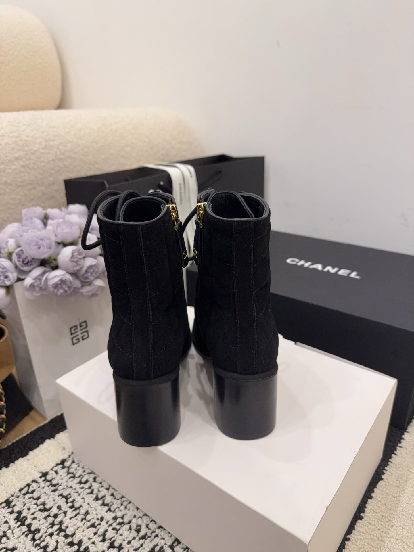 CC 26 Quilted Lace-up Boot Black Suede Calfskin 588816